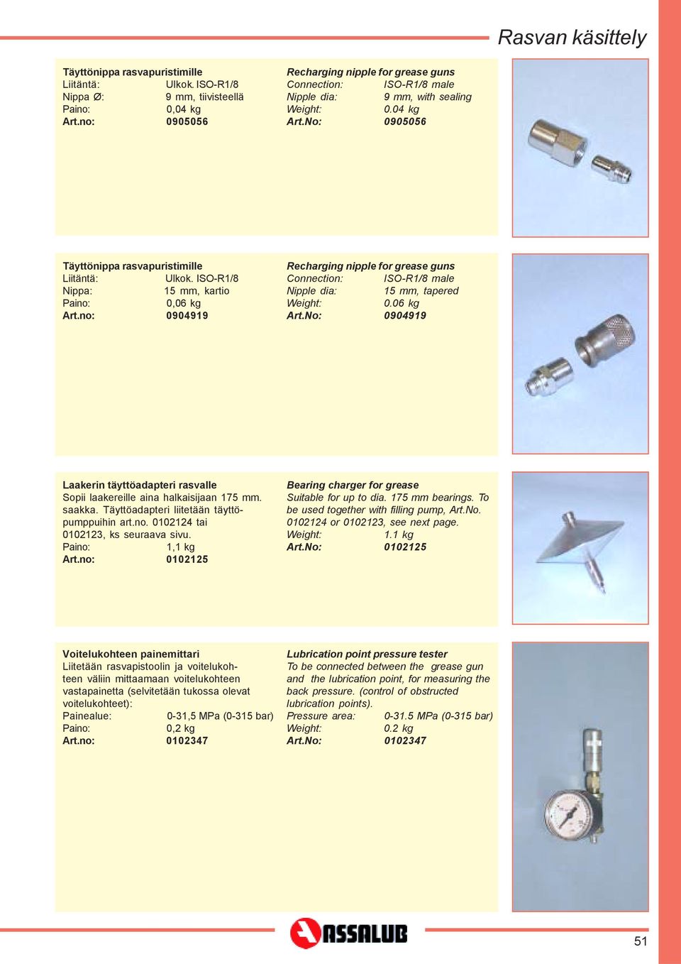 ISO-R1/8 Nippa: 15 mm, kartio 0,06 kg Art.no: 0904919 Recharging nipple for grease guns Connection: ISO-R1/8 male Nipple dia: 15 mm, tapered 0.06 kg Art.No: 0904919 Laakerin täyttöadapteri rasvalle Sopii laakereille aina halkaisijaan 175 mm.