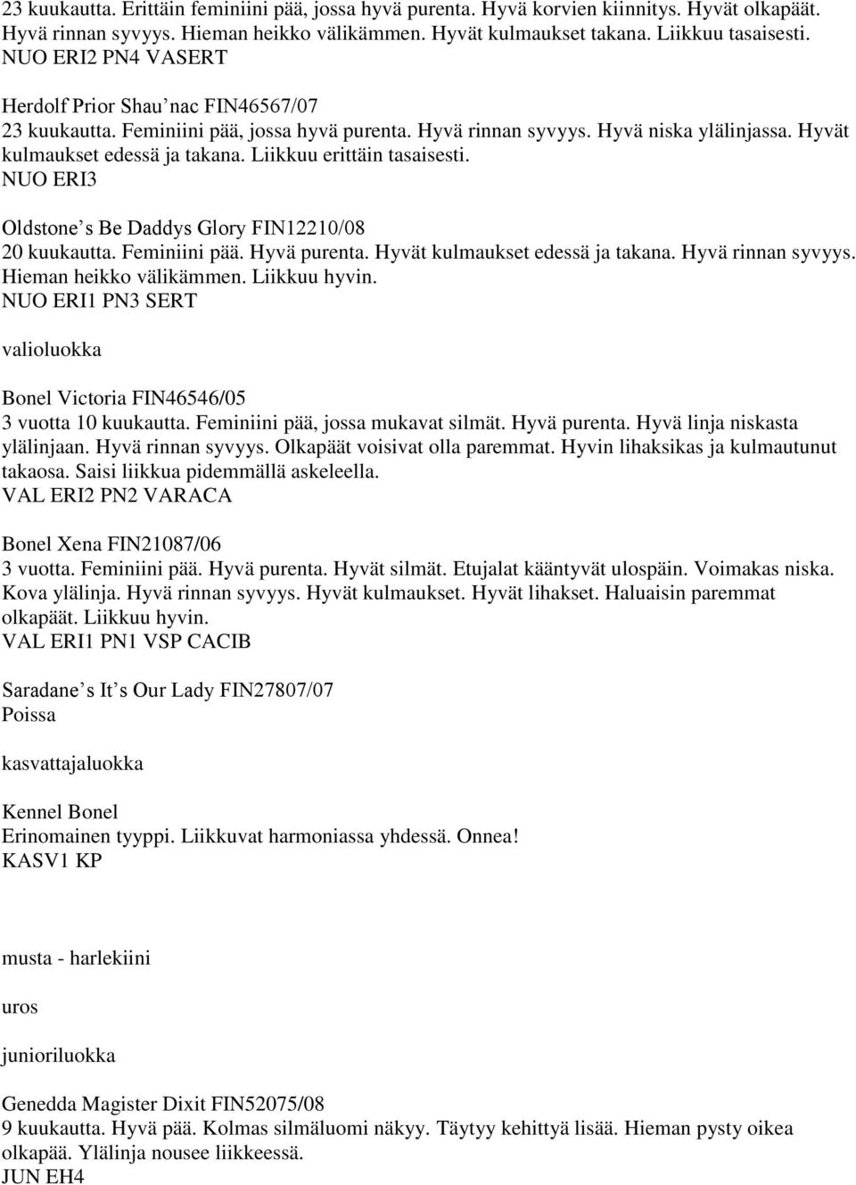 Liikkuu erittäin tasaisesti. NUO ERI3 Oldstone s Be Daddys Glory FIN12210/08 20 kuukautta. Feminiini pää. Hyvä purenta. Hyvät kulmaukset edessä ja takana. Hyvä rinnan syvyys. Hieman heikko välikämmen.