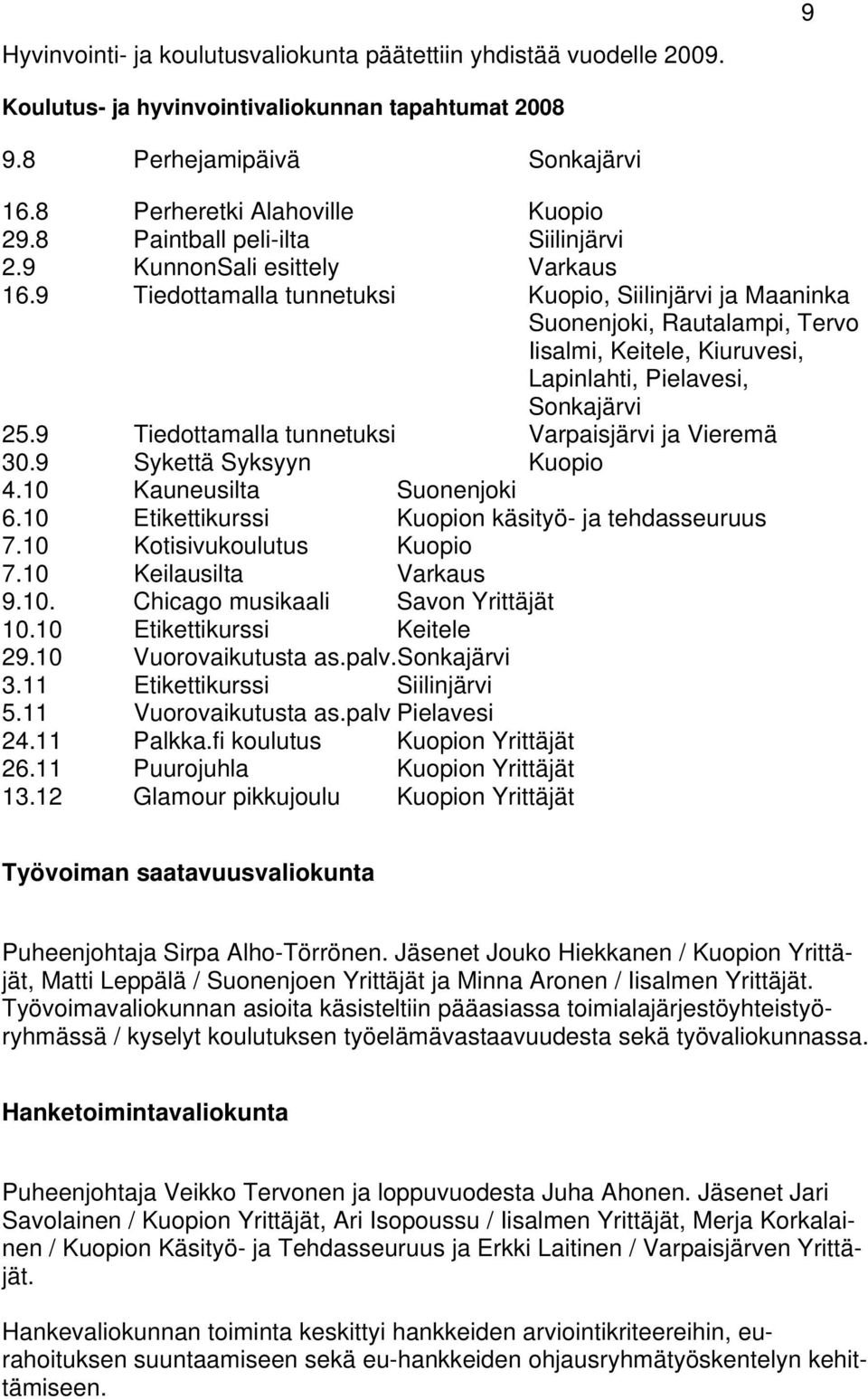 9 Tiedottamalla tunnetuksi, Siilinjärvi ja Maaninka Suonenjoki, Rautalampi, Tervo Iisalmi, Keitele, Kiuruvesi, Lapinlahti, Pielavesi, Sonkajärvi 25.