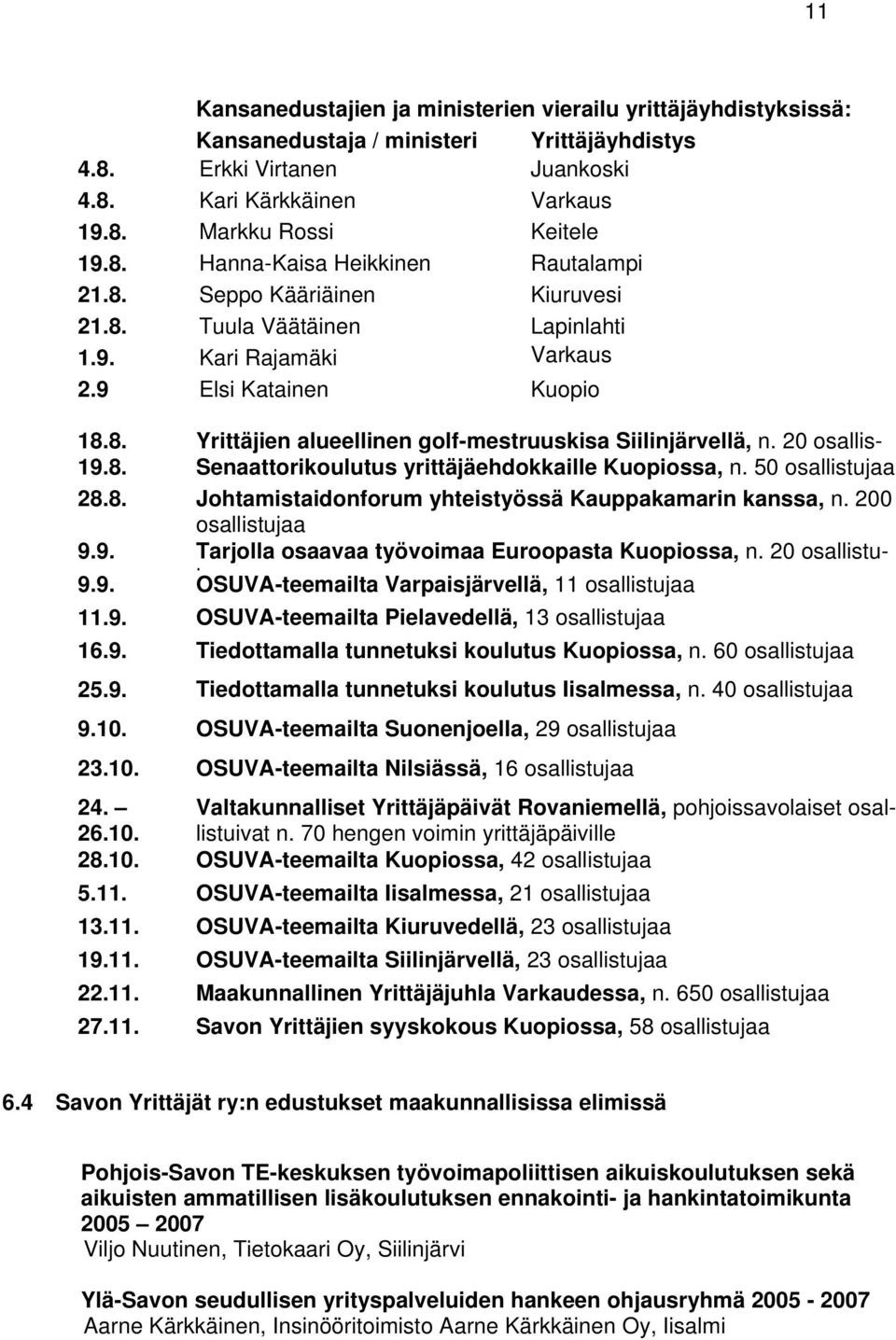 20 osallis- 19.8. Senaattorikoulutus yrittäjäehdokkaille ssa, n. 50 osallistujaa 28.8. Johtamistaidonforum yhteistyössä Kauppakamarin kanssa, n. 200 osallistujaa 9.9. Tarjolla osaavaa työvoimaa Euroopasta ssa, n.