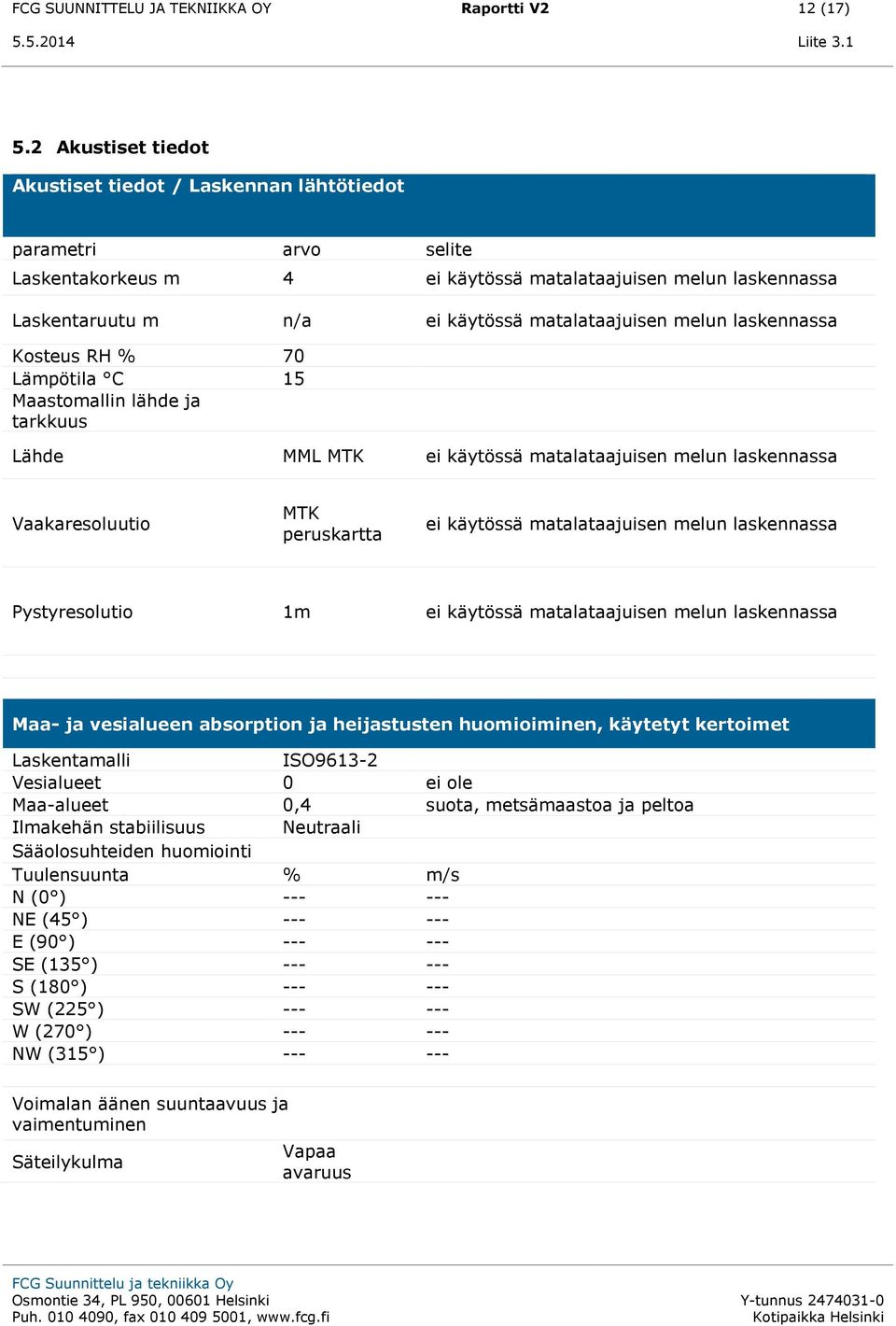 melun laskennassa Kosteus RH % 7 Lämpötila C 15 Maastomallin lähde ja tarkkuus Lähde MML MTK ei käytössä matalataajuisen melun laskennassa Vaakaresoluutio MTK peruskartta ei käytössä matalataajuisen