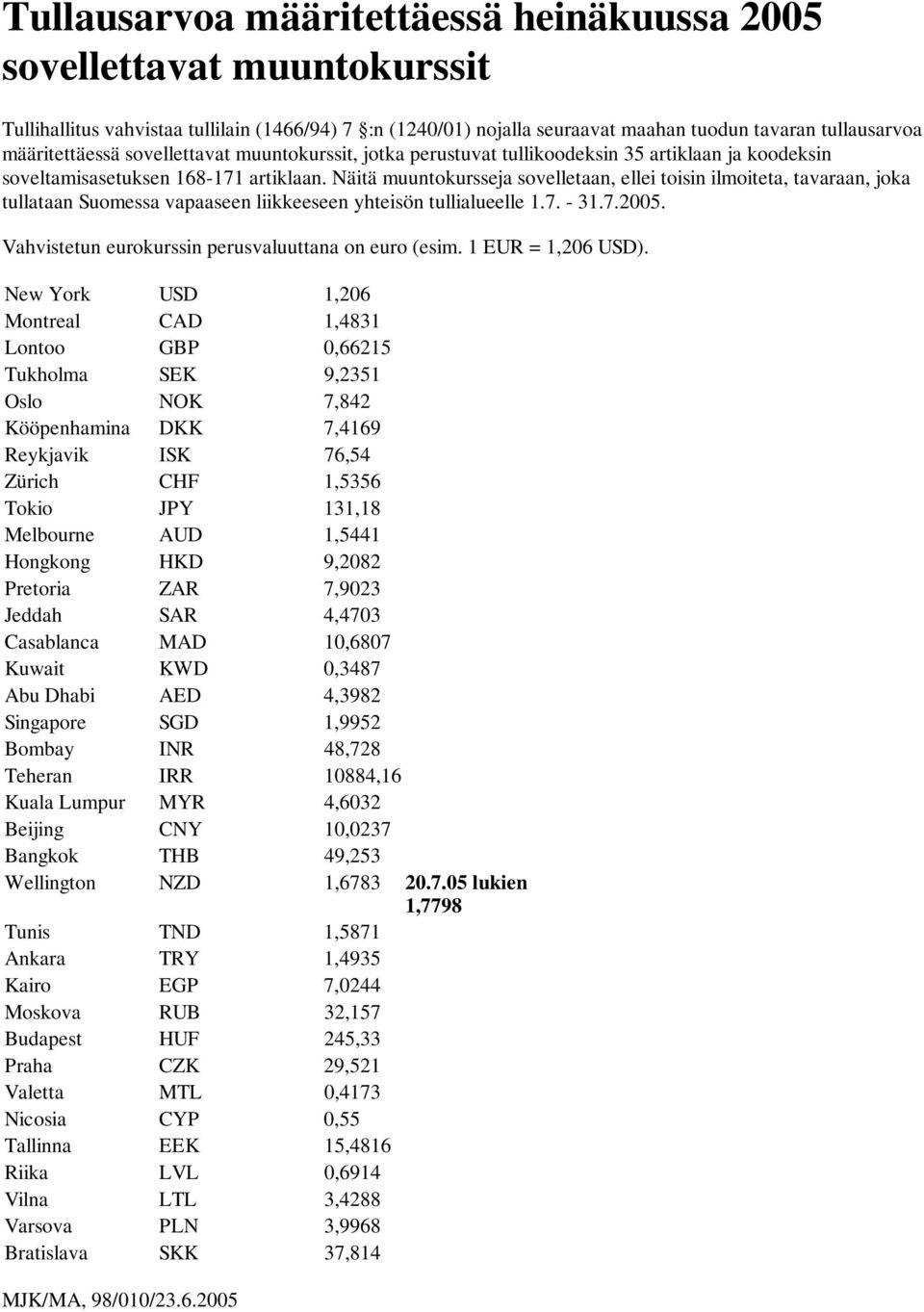 New York USD 1,206 Montreal CAD 1,4831 Lontoo GBP 0,66215 Tukholma SEK 9,2351 Oslo NOK 7,842 Kööpenhamina DKK 7,4169 Reykjavik ISK 76,54 Zürich CHF 1,5356 Tokio JPY 131,18 Melbourne AUD 1,5441