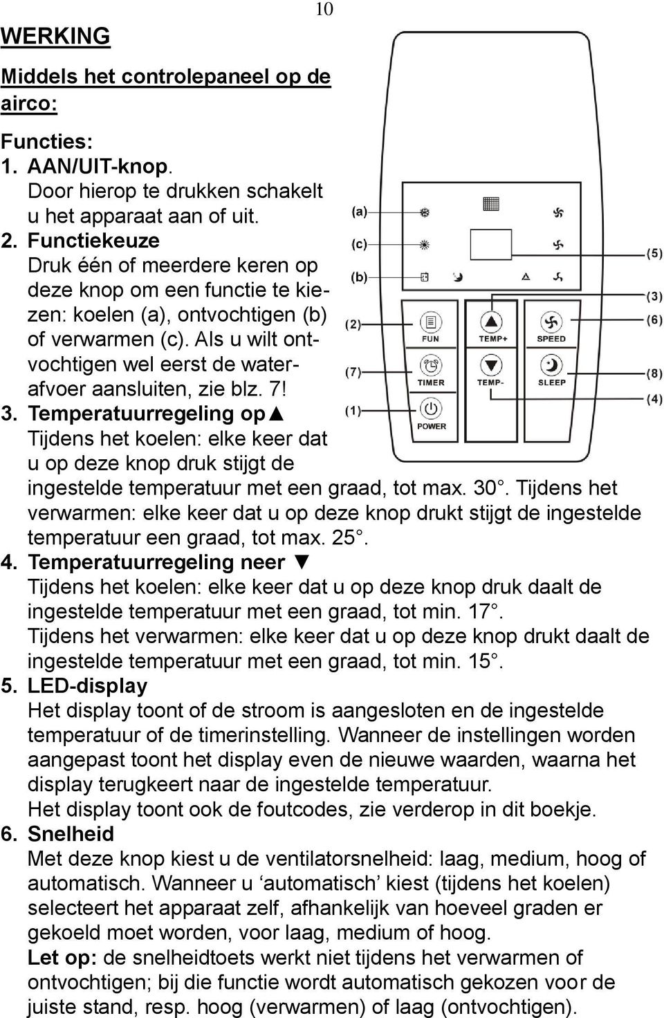 3. Temperatuurregeling op Tijdens het koelen: elke keer dat u op deze knop druk stijgt de ingestelde temperatuur met een graad, tot max. 30.