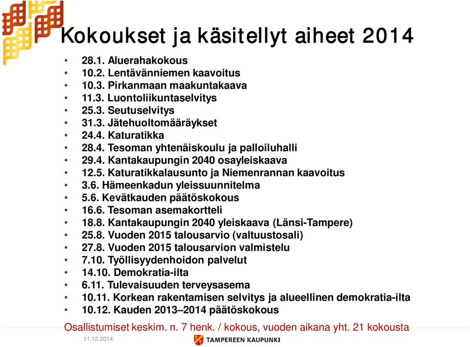 6. Tesoman asemakortteli 18.8. Kantakaupungin 2040 yleiskaava (Länsi-Tampere) 25.8. Vuoden 2015 talousarvio (valtuustosali) 27.8. Vuoden 2015 talousarvion valmistelu 7.10.