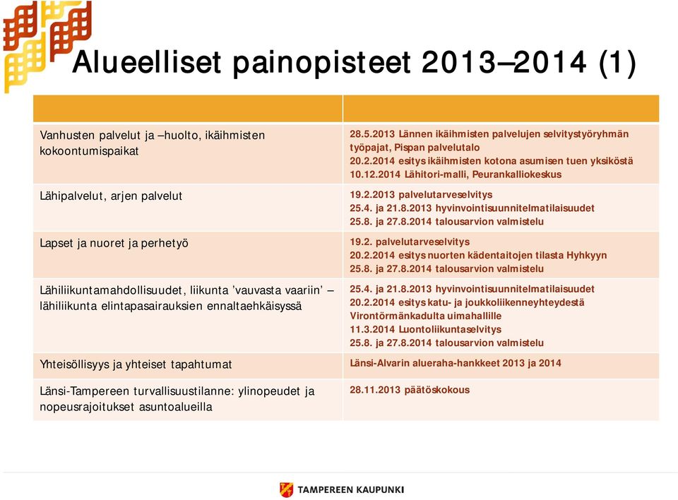 12.2014 Lähitori-malli, Peurankalliokeskus 19.2.2013 palvelutarveselvitys 25.4. ja 21.8.2013 hyvinvointisuunnitelmatilaisuudet 25.8. ja 27.8.2014 talousarvion valmistelu 19.2. palvelutarveselvitys 20.