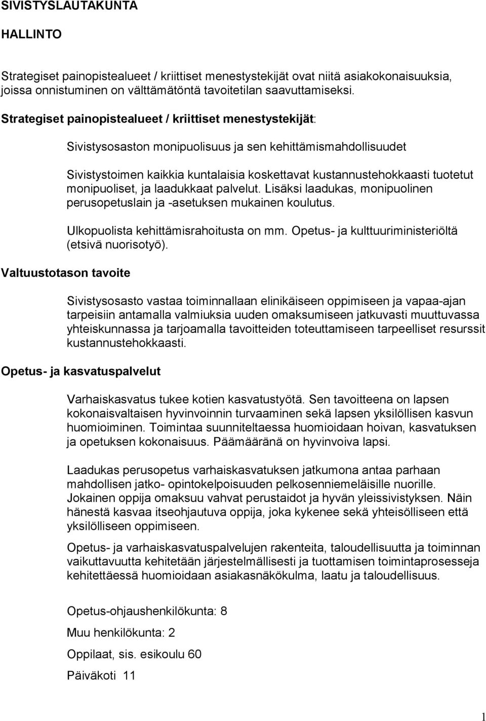 monipuoliset, ja laadukkaat palvelut. Lisäksi laadukas, monipuolinen perusopetuslain ja -asetuksen mukainen koulutus. Ulkopuolista kehittämisrahoitusta on mm.