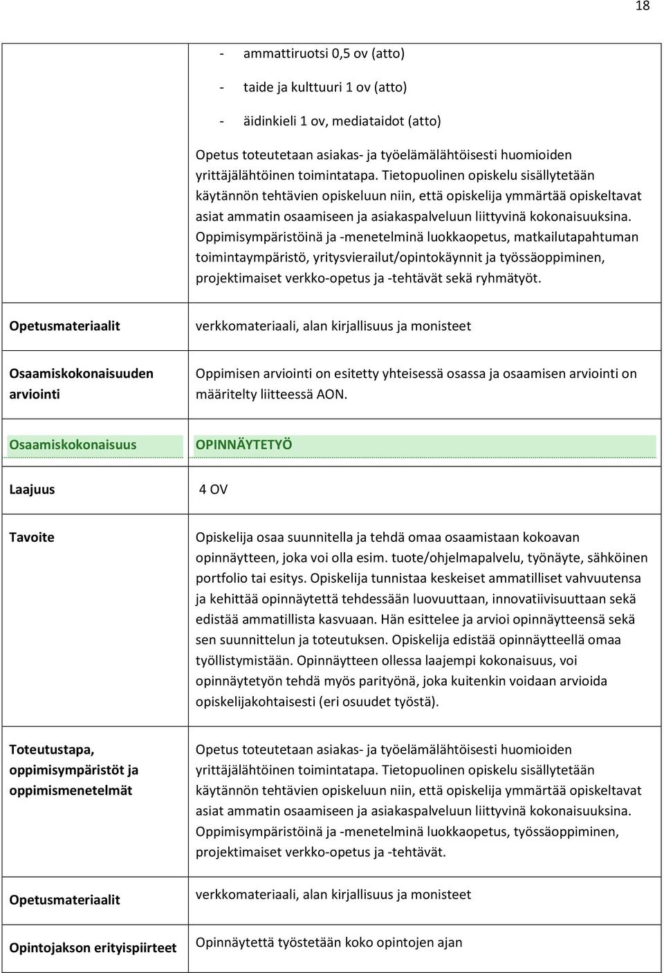 Oppimisympäristöinä ja -menetelminä luokkaopetus, matkailutapahtuman toimintaympäristö, yritysvierailut/opintokäynnit ja työssäoppiminen, projektimaiset verkko-opetus ja -tehtävät sekä ryhmätyöt.