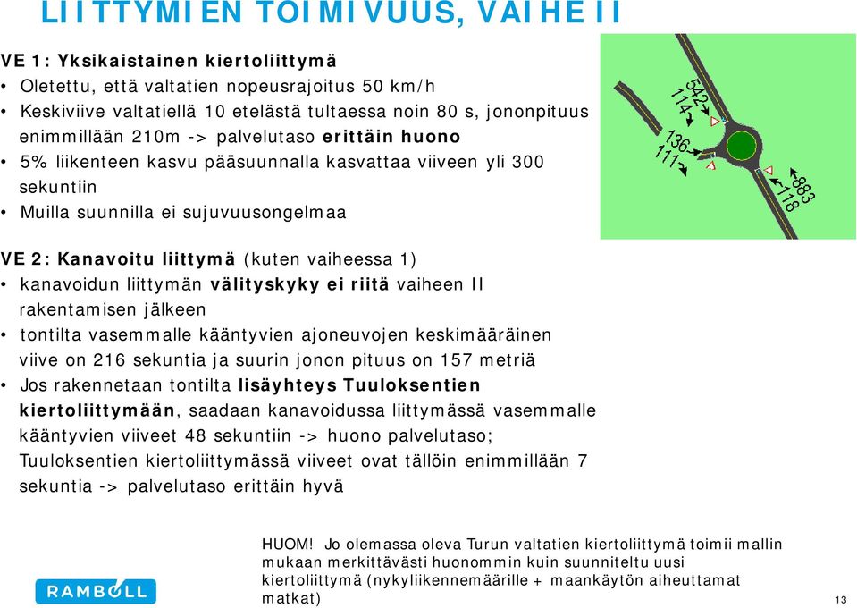 liittymän välityskyky ei riitä vaiheen II rakentamisen jälkeen tontilta vasemmalle kääntyvien ajoneuvojen keskimääräinen viive on 216 sekuntia ja suurin jonon pituus on 157 metriä Jos rakennetaan