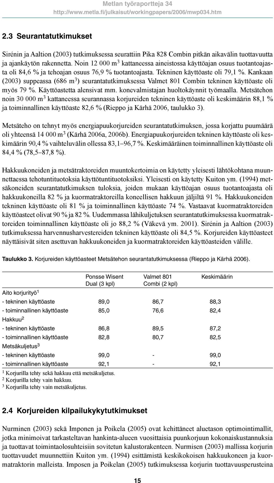 Kankaan (2003) suppeassa (686 m 3 ) seurantatutkimuksessa Valmet 801 Combin tekninen käyttöaste oli myös 79 %. Käyttöastetta alensivat mm. konevalmistajan huoltokäynnit työmaalla.
