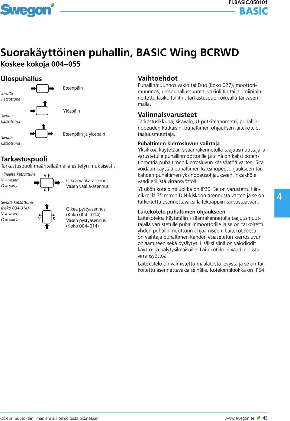 V = vasen O = oikea Sivulta katsottuna (koko 00-01) V = vasen O = oikea V V O O Oikea vaaka-asennus Vasen vaaka-asennus Oikea pystyasennus (Koko 00-01) Vasen pystyasennus (Koko 00 01) Puhallinmuunnos