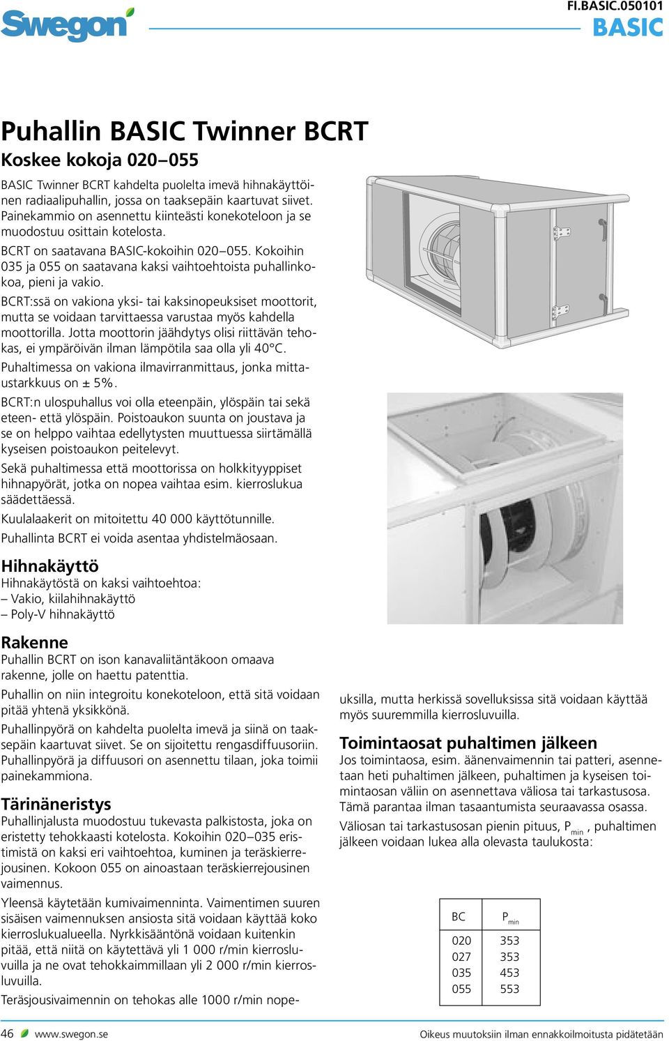 Kokoihin 035 ja 055 on saatavana kaksi vaihtoehtoista puhallinkokoa, pieni ja vakio.