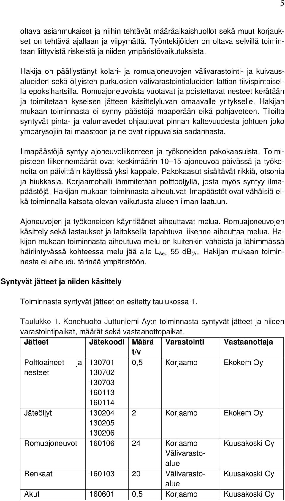 Hakija on päällystänyt kolari- ja romuajoneuvojen välivarastointi- ja kuivausalueiden sekä öljyisten purkuosien välivarastointialueiden lattian tiivispintaisella epoksihartsilla.