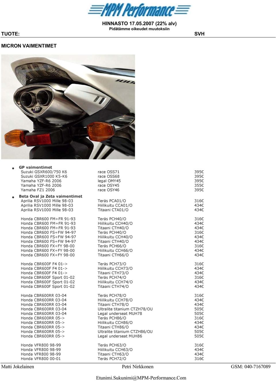 FM+FR 91-93 Teräs PCH40/O 316 Honda CBR600 FM+FR 91-93 Hiilikuitu CCH40/O 434 Honda CBR600 FM+FR 91-93 Titaani CTH40/O 434 Honda CBR600 FS+FW 94-97 Teräs PCH40/O 316 Honda CBR600 FS+FW 94-97