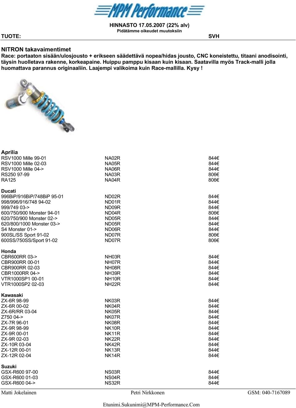 Aprilia RSV1000 Mille 99-01 NA02R 844 RSV1000 Mille 02-03 NA05R 844 RSV1000 Mille 04-> NA06R 844 RS250 97-99 NA03R 806 RA125 NA04R 806 Ducati 996BiP/916BiP/748BiP 95-01 ND02R 844 998/996/916/748