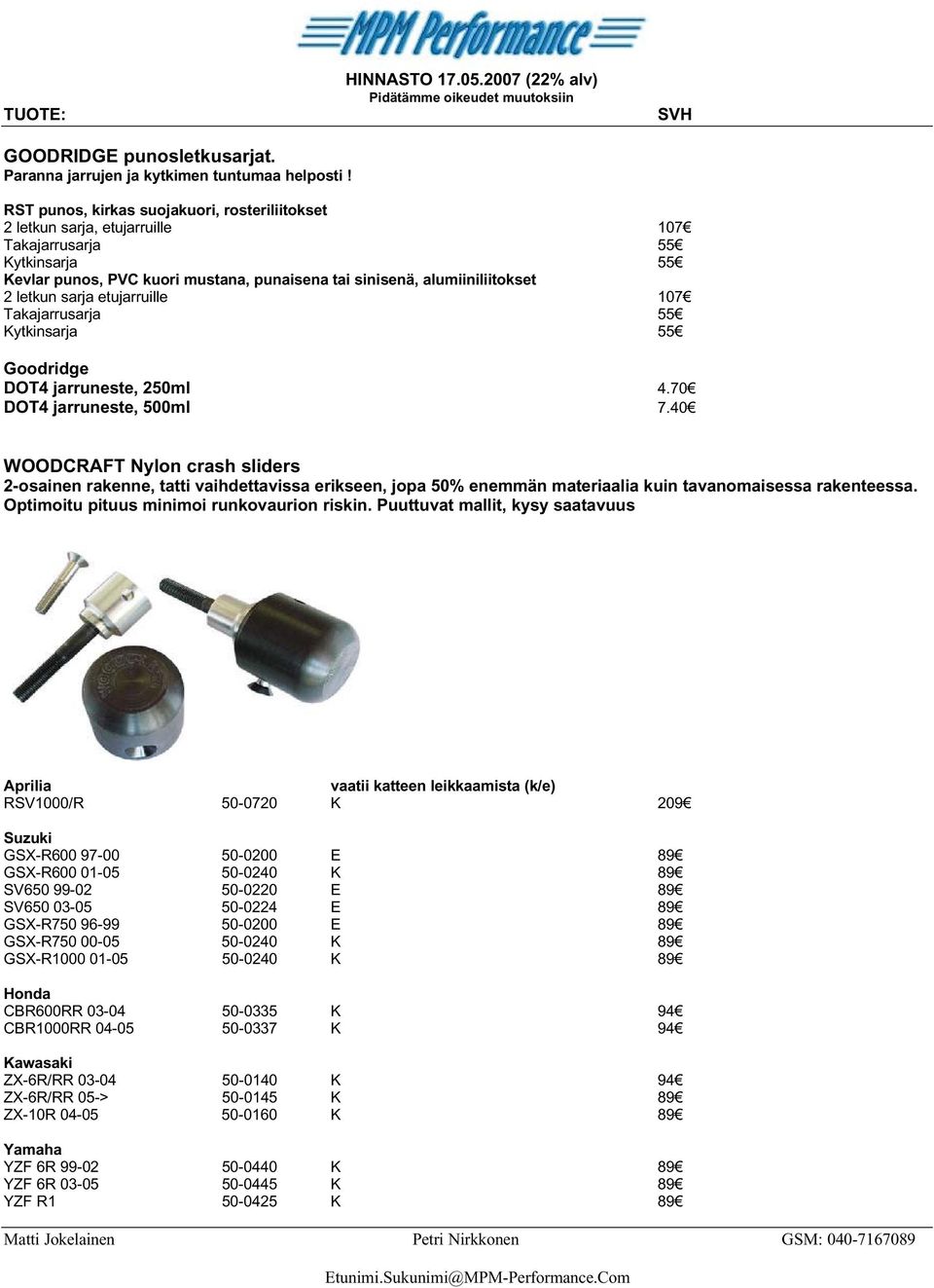 sarja etujarruille 107 Takajarrusarja 55 Kytkinsarja 55 Goodridge DOT4 jarruneste, 250ml 4.70 DOT4 jarruneste, 500ml 7.