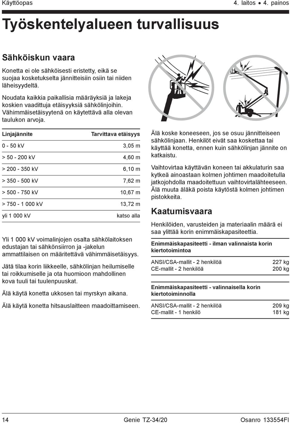 Linjajännite Tarvittava etäisyys 0-50 kv 3,05 m > 50-200 kv 4,60 m > 200-350 kv 6,10 m > 350-500 kv 7,62 m > 500-750 kv 10,67 m > 750-1 000 kv 13,72 m yli 1 000 kv katso alla Yli 1 000 kv