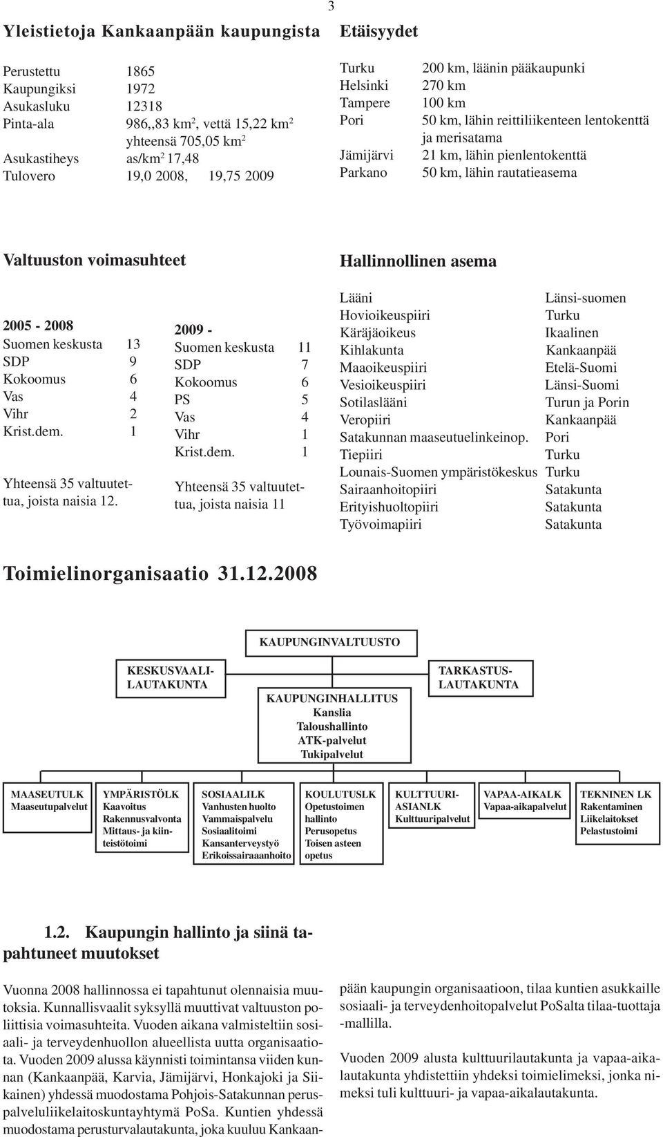 km, lähin rautatieasema Valtuuston voimasuhteet Hallinnollinen asema 2005-2008 Suomen keskusta 13 SDP 9 Kokoomus 6 Vas 4 Vihr 2 Krist.dem. 1 Yhteensä 35 valtuutettua, joista naisia 12.