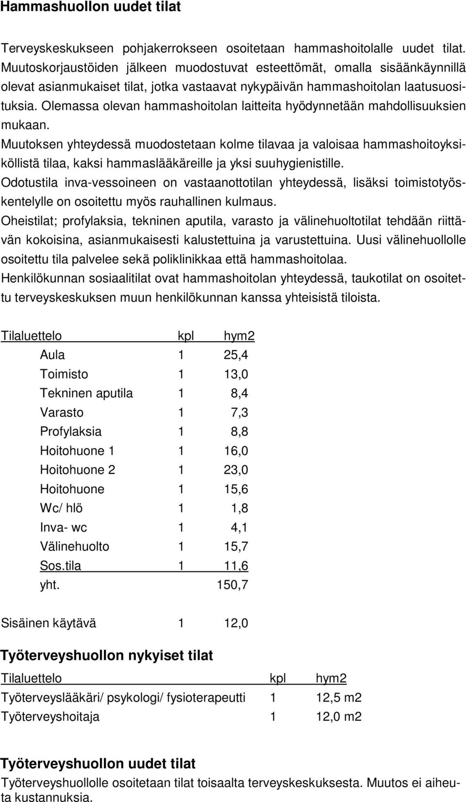 Olemassa olevan hammashoitolan laitteita hyödynnetään mahdollisuuksien mukaan.