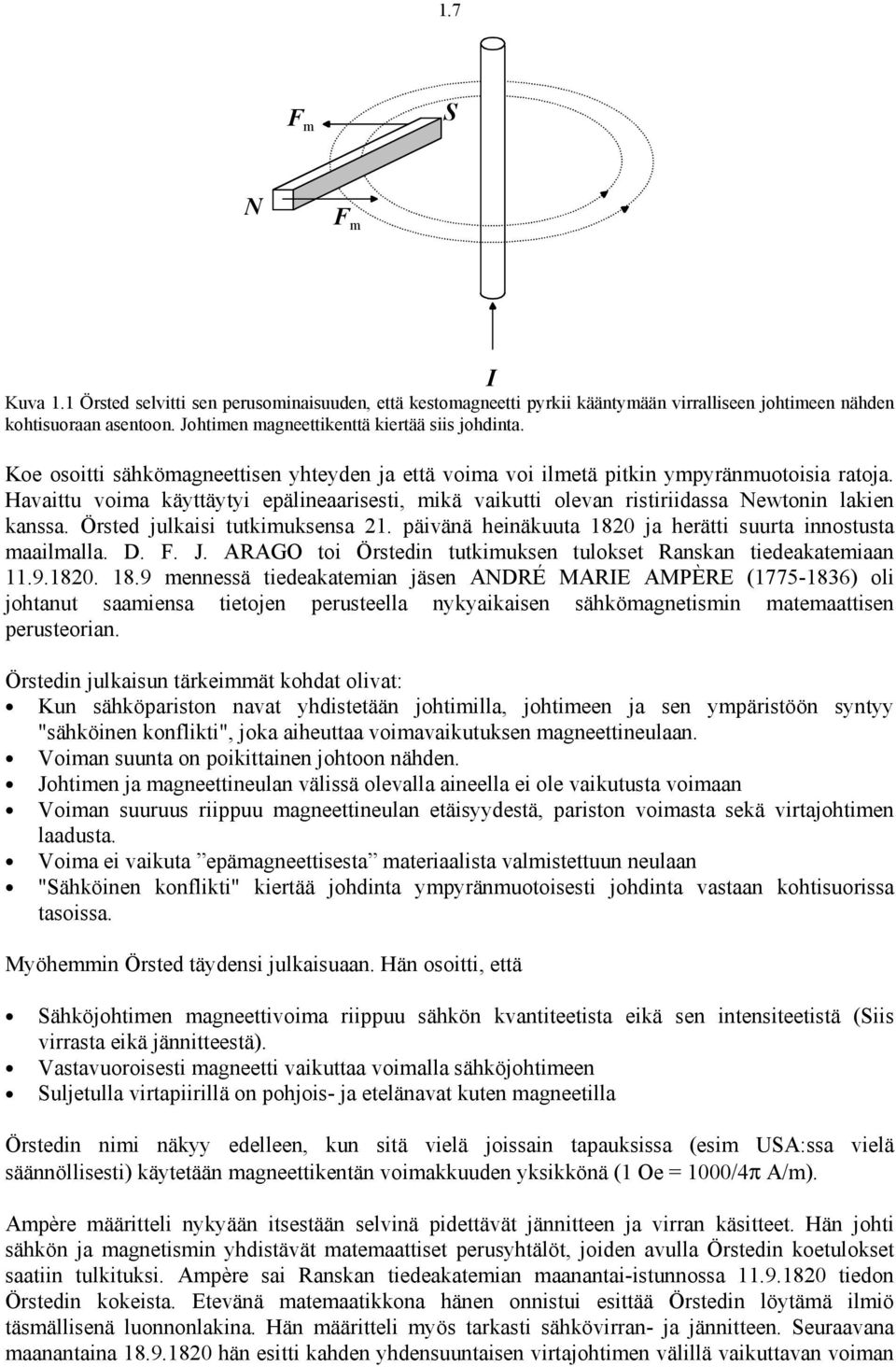 Havaittu voima käyttäytyi epälineaarisesti, mikä vaikutti olevan ristiriidassa Newtonin lakien kanssa. Örsted julkaisi tutkimuksensa 21.