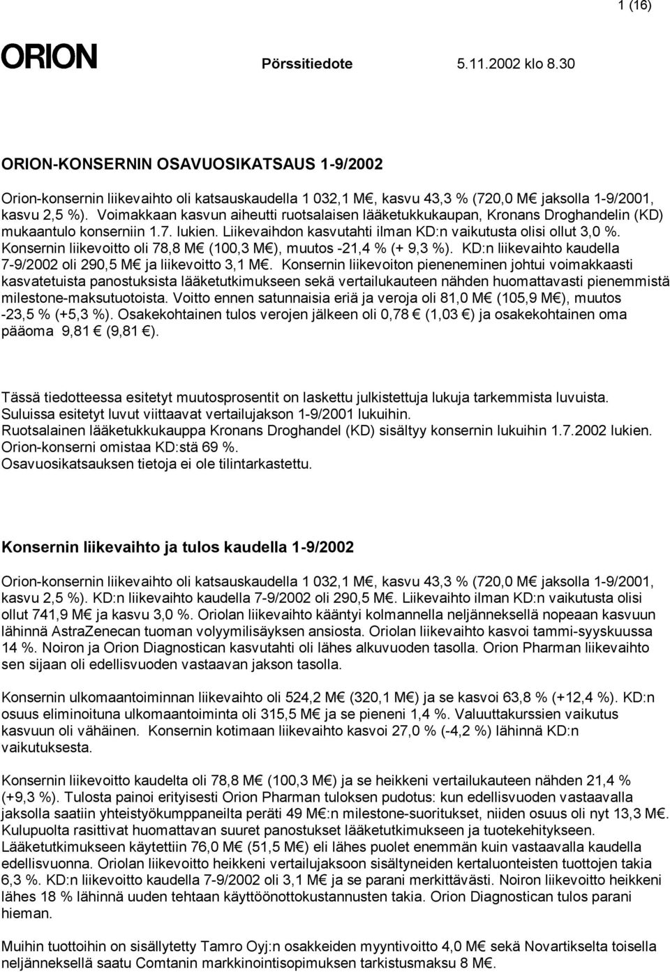 Konsernin liikevoitto oli 78,8 M (100,3 M ), muutos -21,4 % (+ 9,3 %). KD:n liikevaihto kaudella 7-9/2002 oli 290,5 M ja liikevoitto 3,1 M.