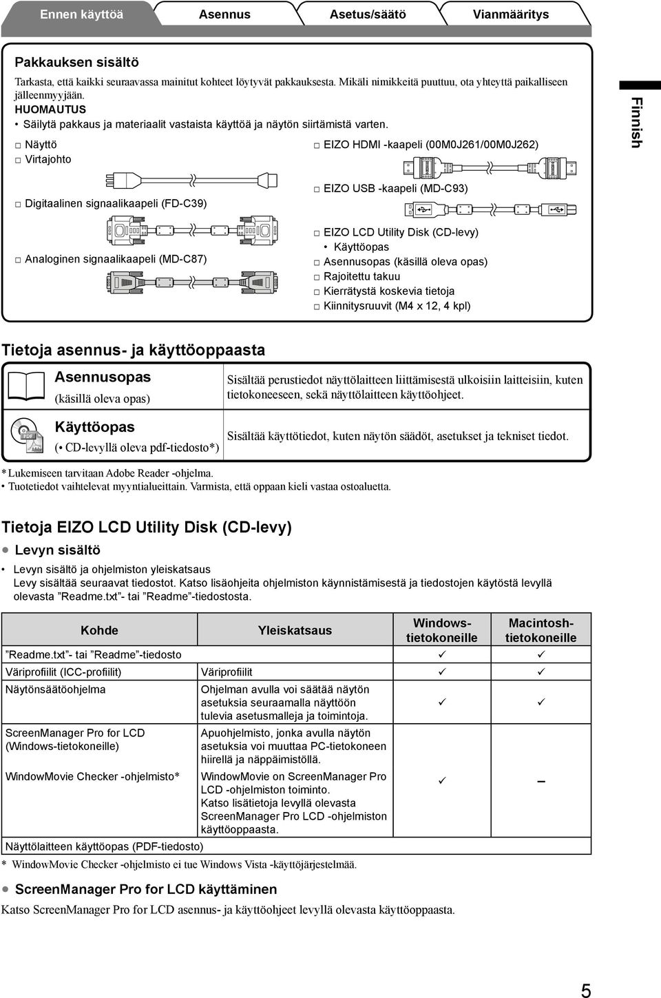 Näyttö EIZO HDMI -kaapeli (00M0J261/00M0J262) Virtajohto Digitaalinen signaalikaapeli (FD-C39) Analoginen signaalikaapeli (MD-C87) EIZO USB -kaapeli (MD-C93) EIZO LCD Utility Disk (CD-levy)