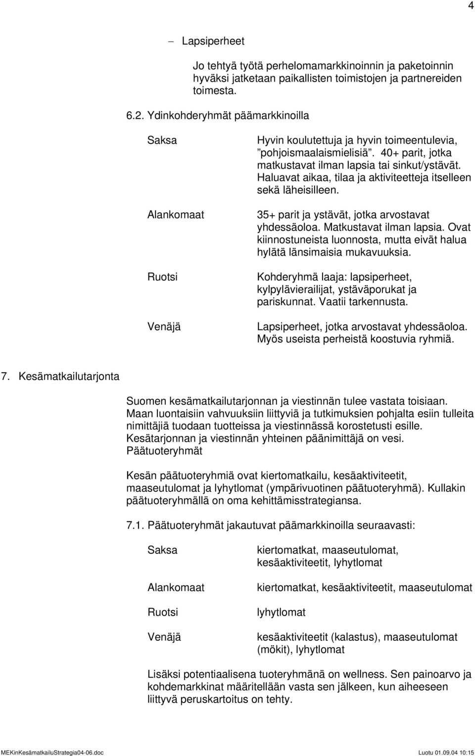 Haluavat aikaa, tilaa ja aktiviteetteja itselleen sekä läheisilleen. 35+ parit ja ystävät, jotka arvostavat yhdessäoloa. Matkustavat ilman lapsia.