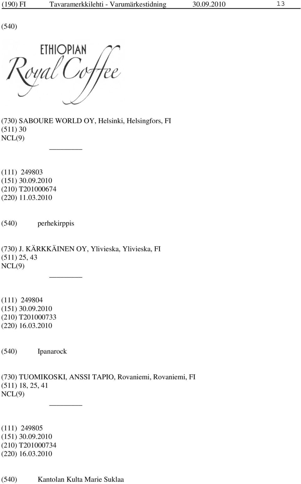 KÄRKKÄINEN OY, Ylivieska, Ylivieska, FI (511) 25, 43 (111) 249804 (210) T201000733 (220) 16.03.