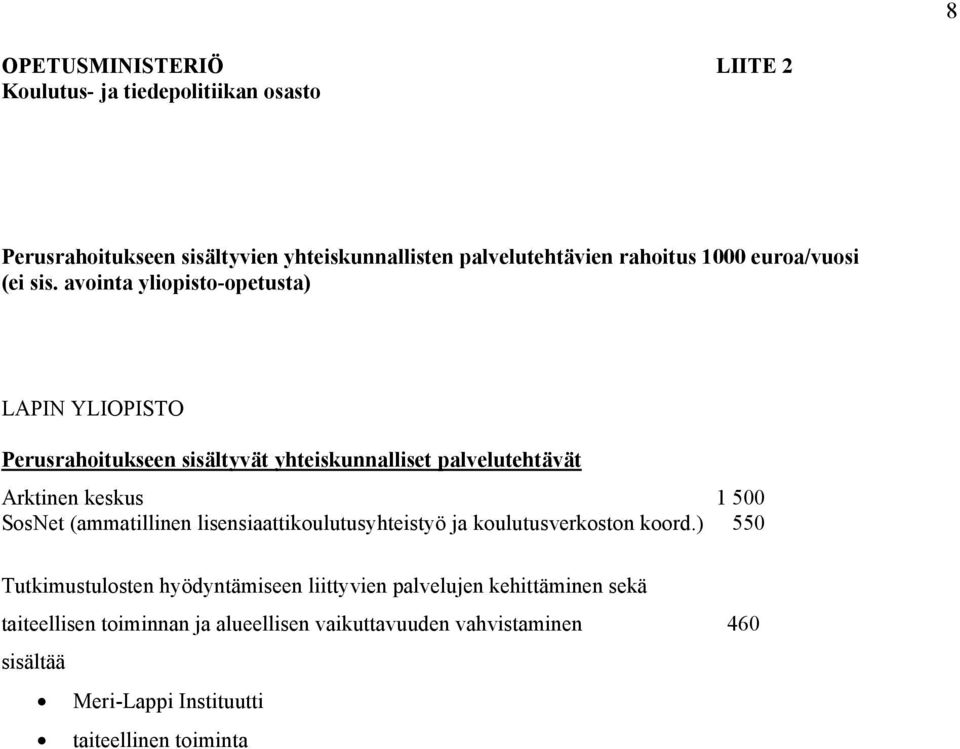 avointa yliopisto-opetusta) LAPIN YLIOPISTO Perusrahoitukseen sisältyvät yhteiskunnalliset palvelutehtävät Arktinen keskus 1 500 SosNet