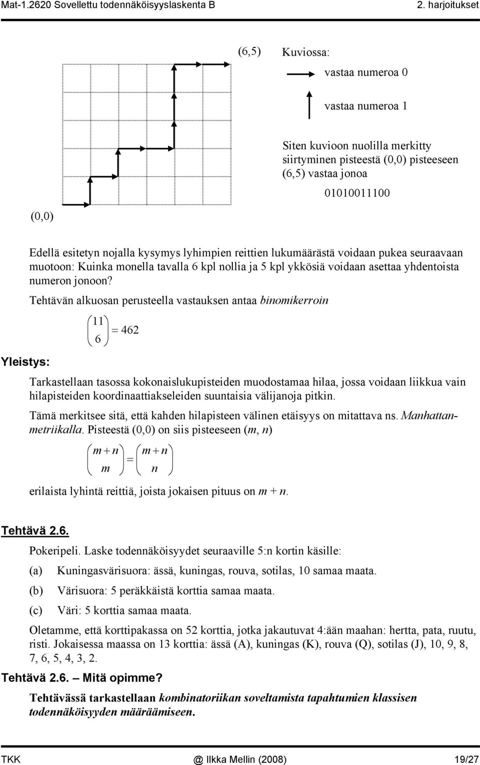 Tehtävän alkuosan perusteella vastauksen antaa binomikerroin Yleistys: 11 = 462 6 Tarkastellaan tasossa kokonaislukupisteiden muodostamaa hilaa, jossa voidaan liikkua vain hilapisteiden