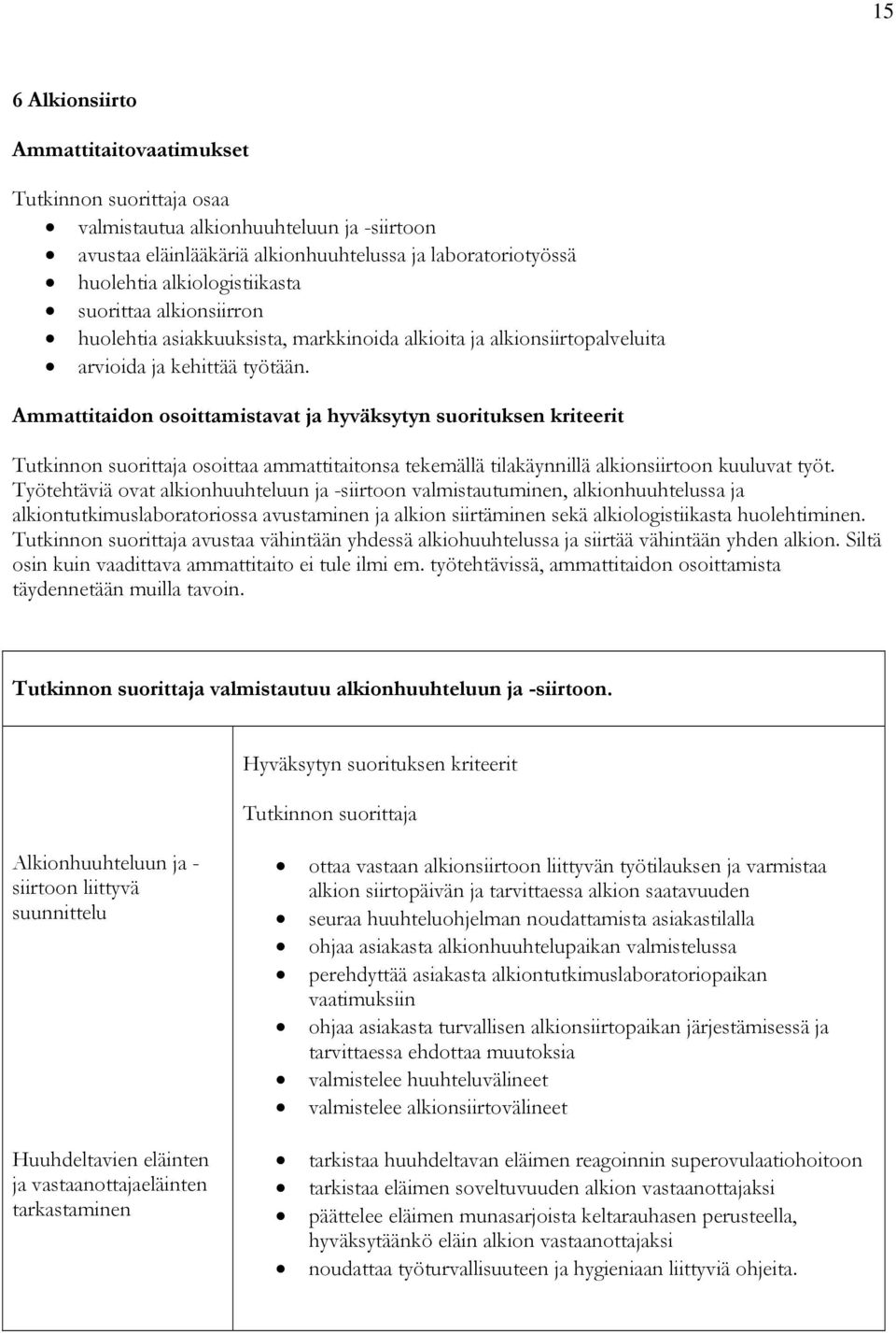 Ammattitaidon osoittamistavat ja hyväksytyn suorituksen kriteerit osoittaa ammattitaitonsa tekemällä tilakäynnillä alkionsiirtoon kuuluvat työt.