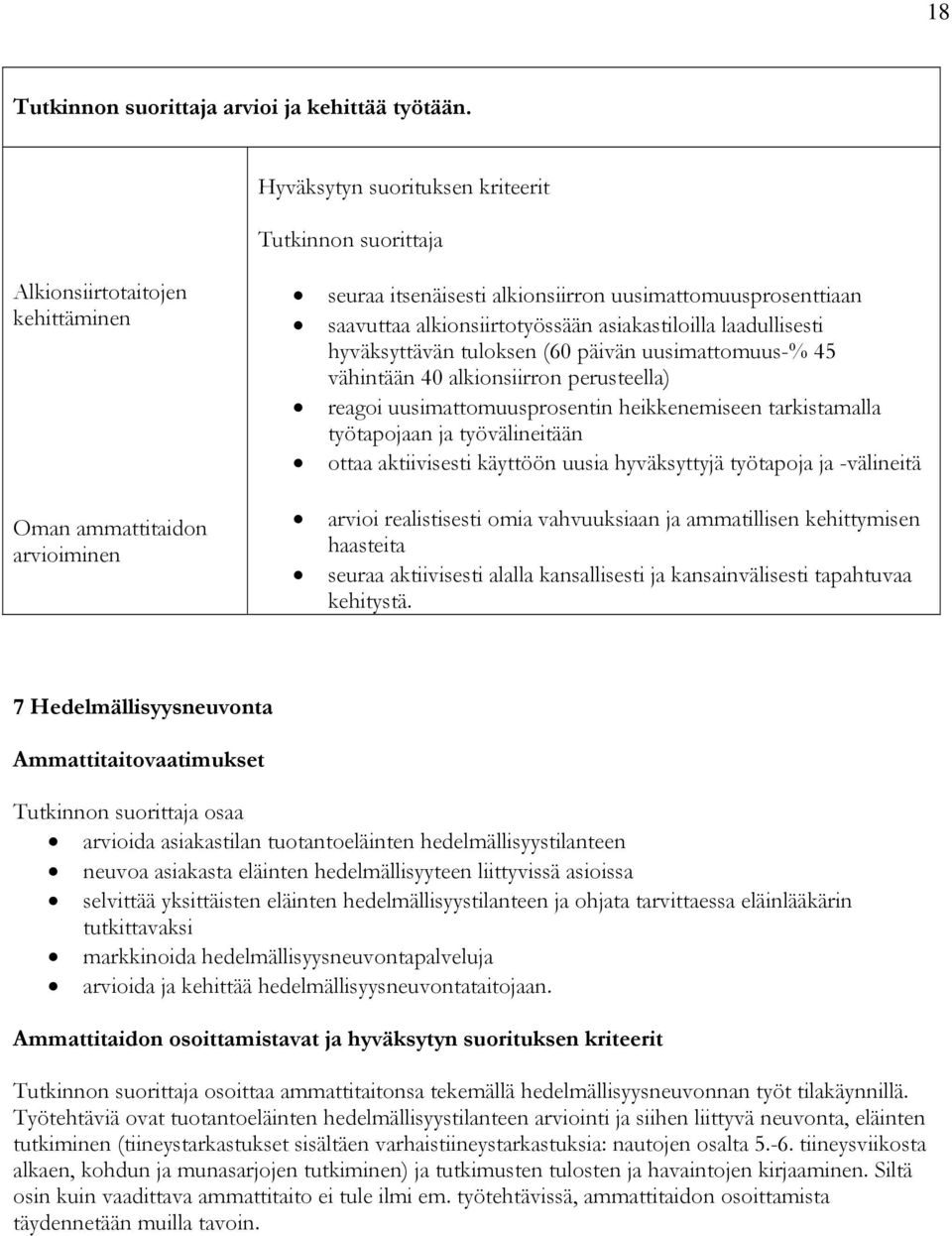 tuloksen (60 päivän uusimattomuus-% 45 vähintään 40 alkionsiirron perusteella) reagoi uusimattomuusprosentin heikkenemiseen tarkistamalla työtapojaan ja työvälineitään ottaa aktiivisesti käyttöön