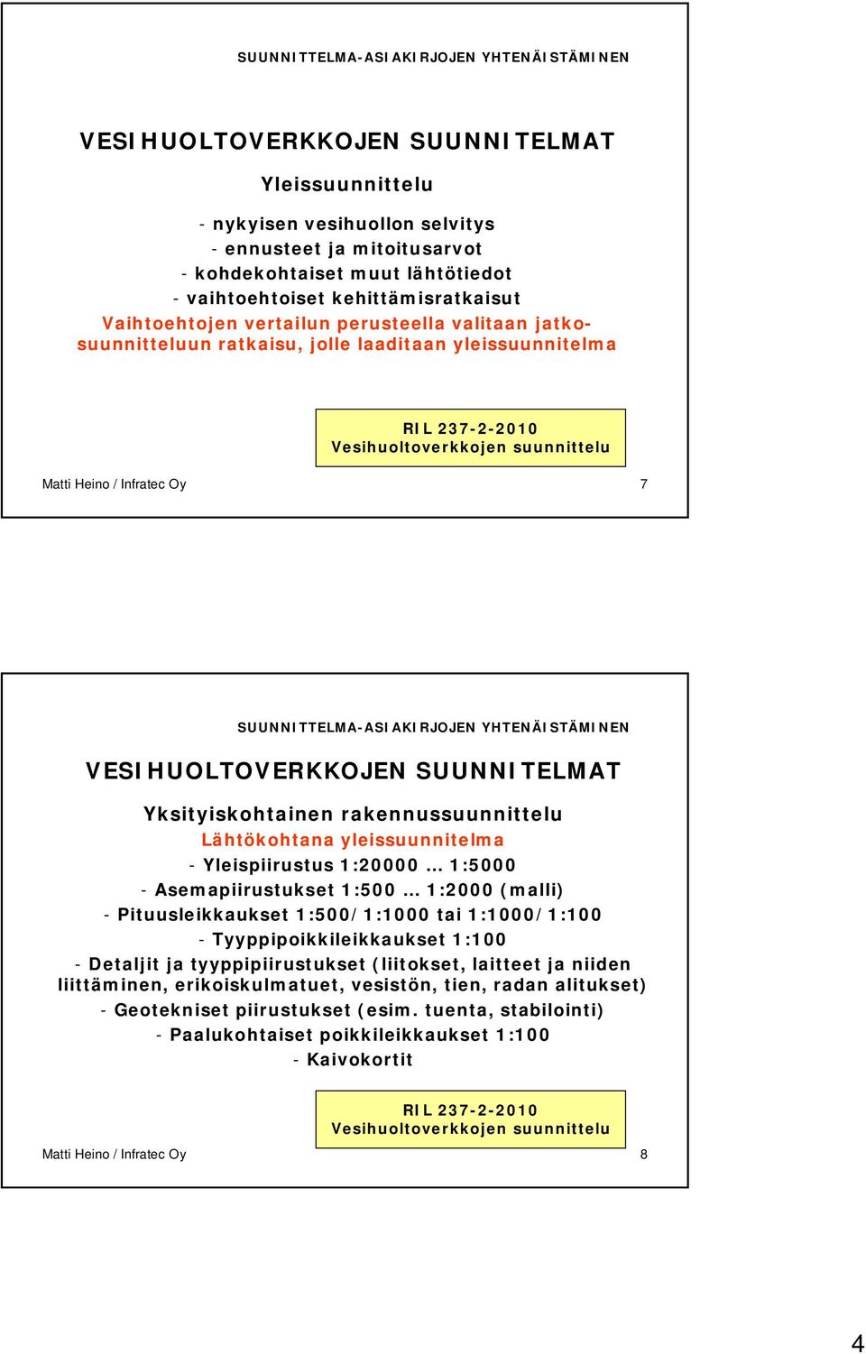 Lähtökohtana yleissuunnitelma - Yleispiirustus 1:20000 1:5000 - Asemapiirustukset 1:500 1:2000 (malli) - Pituusleikkaukset 1:500/1:1000 tai 1:1000/1:100 - Tyyppipoikkileikkaukset 1:100 - Detaljit ja