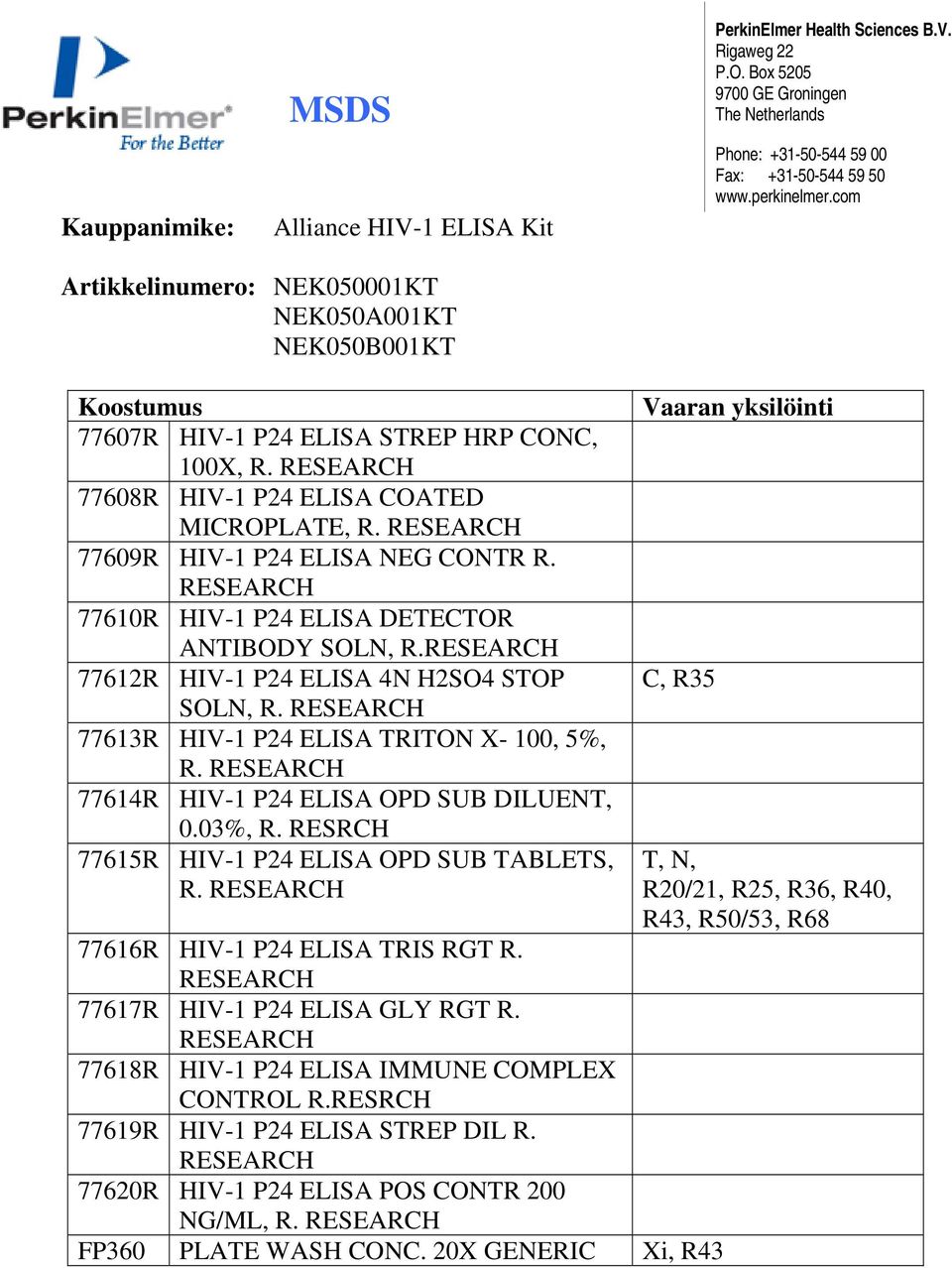 RESEARCH 77609R HIV-1 P24 ELISA NEG CONTR R. RESEARCH 77610R HIV-1 P24 ELISA DETECTOR ANTIBODY SOLN, R.RESEARCH 77612R HIV-1 P24 ELISA 4N H2SO4 STOP SOLN, R.