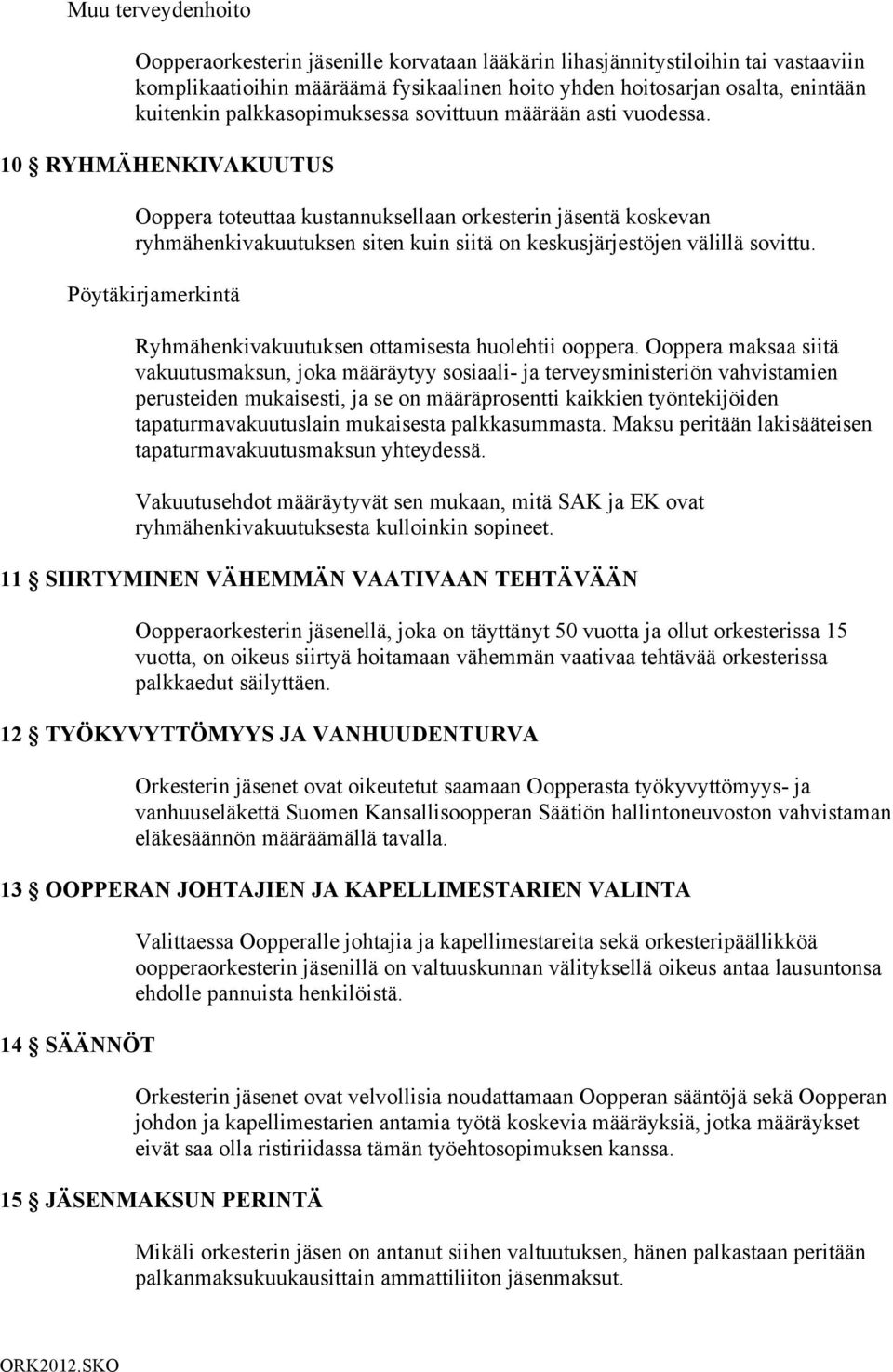 10 RYHMÄHENKIVAKUUTUS Ooppera toteuttaa kustannuksellaan orkesterin jäsentä koskevan ryhmähenkivakuutuksen siten kuin siitä on keskusjärjestöjen välillä sovittu.