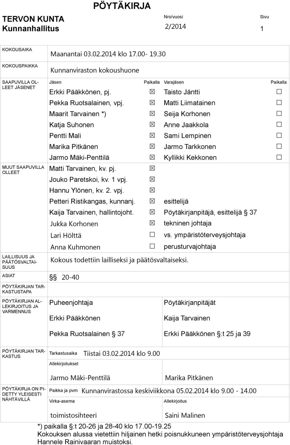 Paikalla Varajäsen Paikalla Erkki Pääkkönen, pj. Pekka Ruotsalainen, vpj. Maarit Tarvainen *) Katja Suhonen Pentti Mali Marika Pitkänen Jarmo Mäki-Penttilä Matti Tarvainen, kv. pj. Jouko Paretskoi, kv.