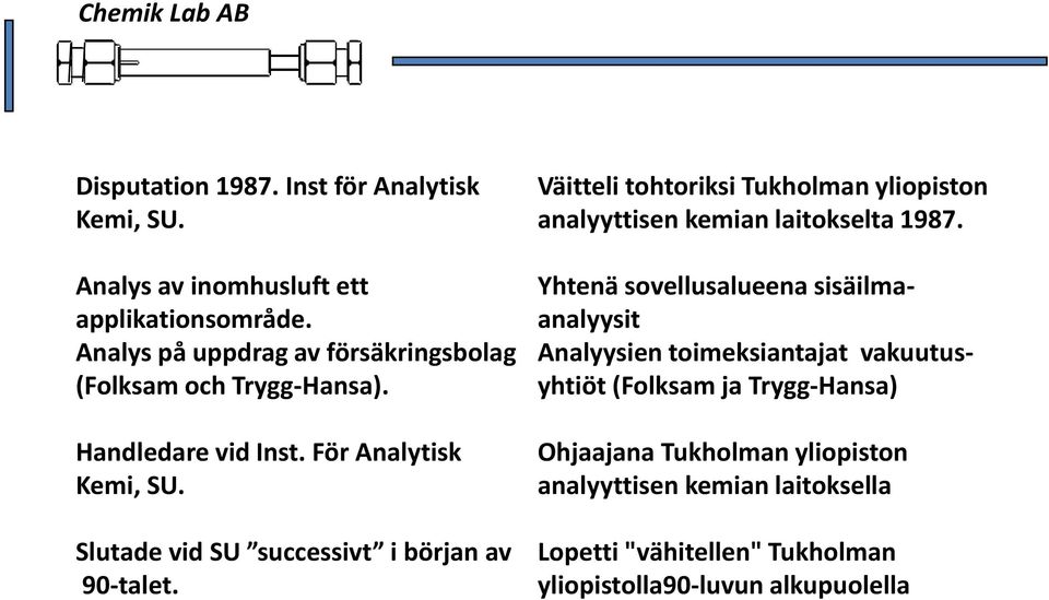 Slutade vid SU successivt i början av 90-talet. Väitteli tohtoriksi Tukholman yliopiston analyyttisen kemian laitokselta 1987.