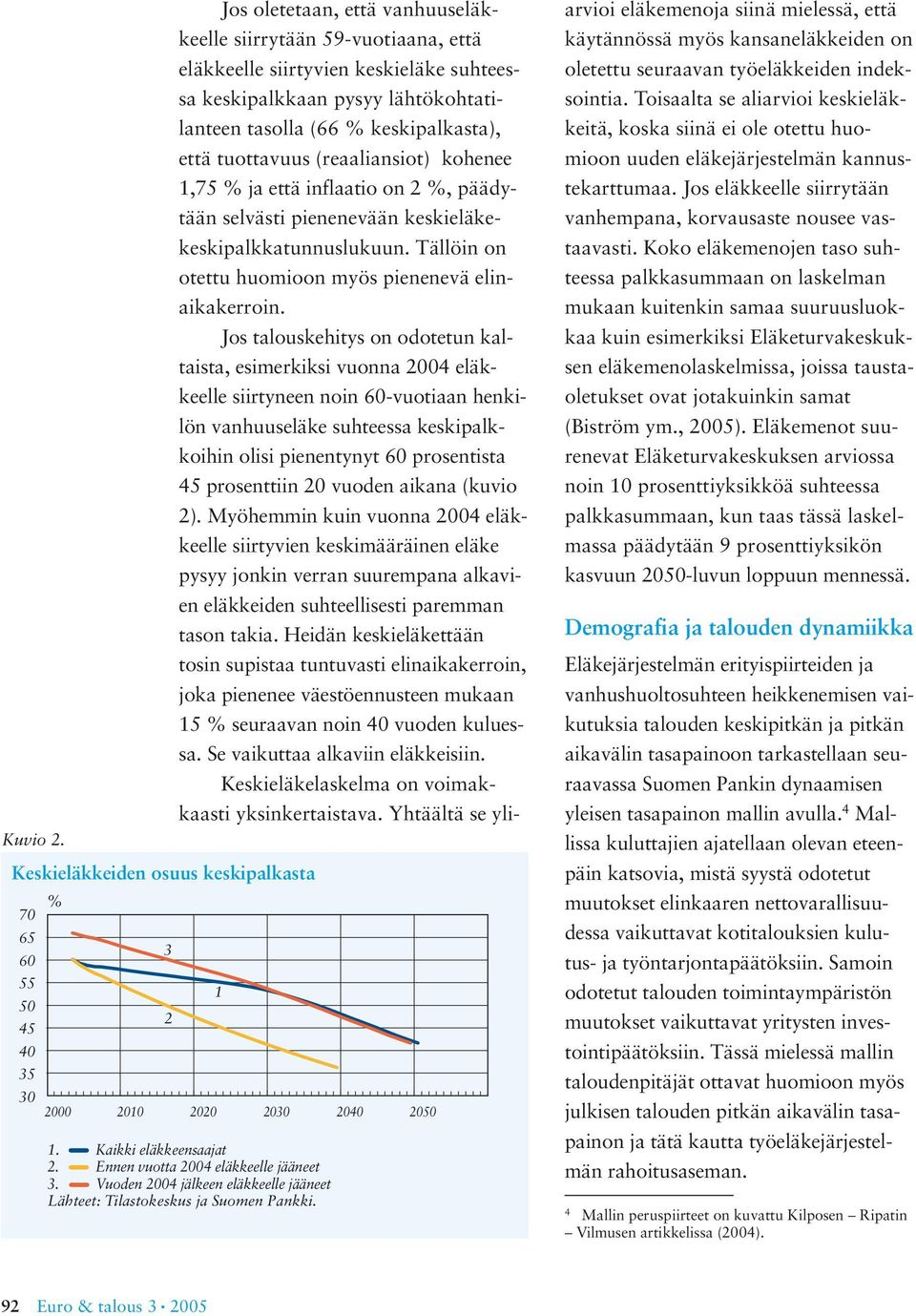 pysyy lähtökohtatilanteen tasolla (66 % keskipalkasta), että tuottavuus (reaaliansiot) kohenee 1,75 % ja että inflaatio on 2 %, päädytään selvästi pienenevään keskieläkekeskipalkkatunnuslukuun.