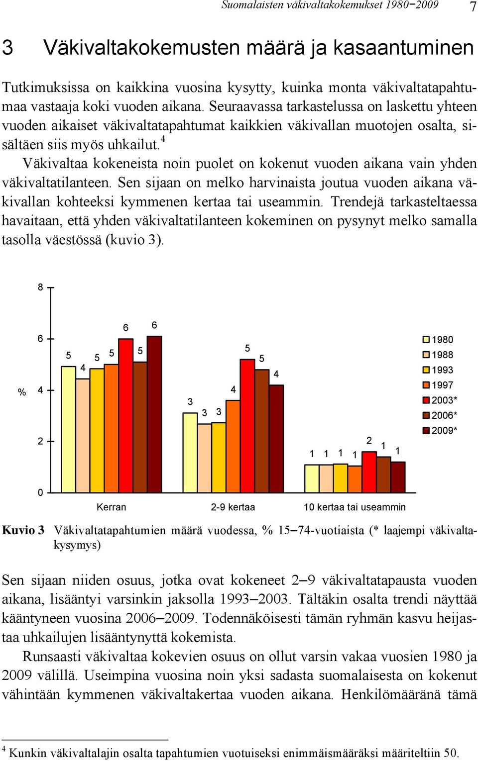 Väkivaltaa kokeneista noin puolet on kokenut vuoden aikana vain yhden väkivaltatilanteen. Sen sijaan on melko harvinaista joutua vuoden aikana väkivallan kohteeksi kymmenen kertaa tai useammin.