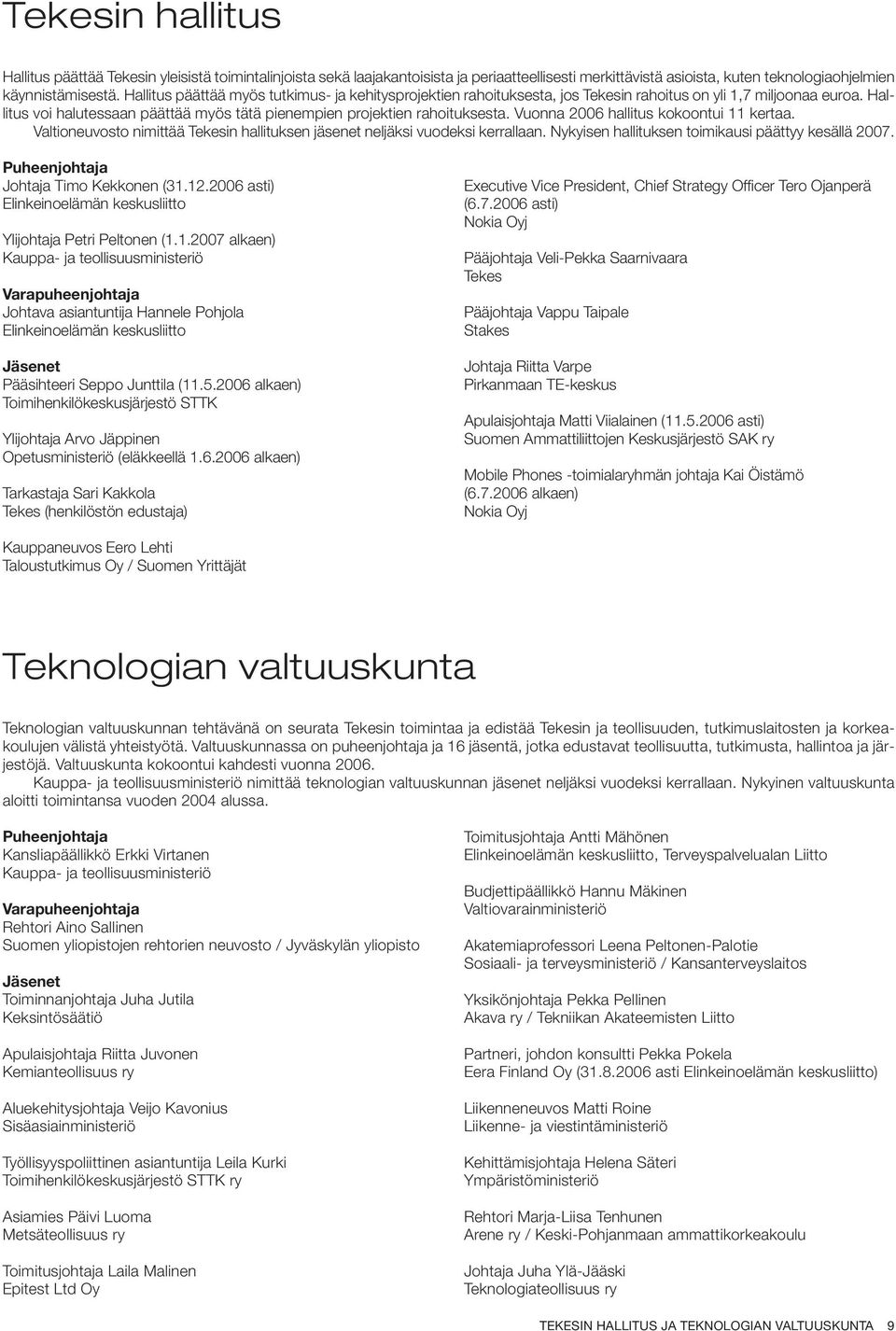 Vuonna 2006 hallitus kokoontui 11 kertaa. Valtioneuvosto nimittää Tekesin hallituksen jäsenet neljäksi vuodeksi kerrallaan. Nykyisen hallituksen toimikausi päättyy kesällä 2007.