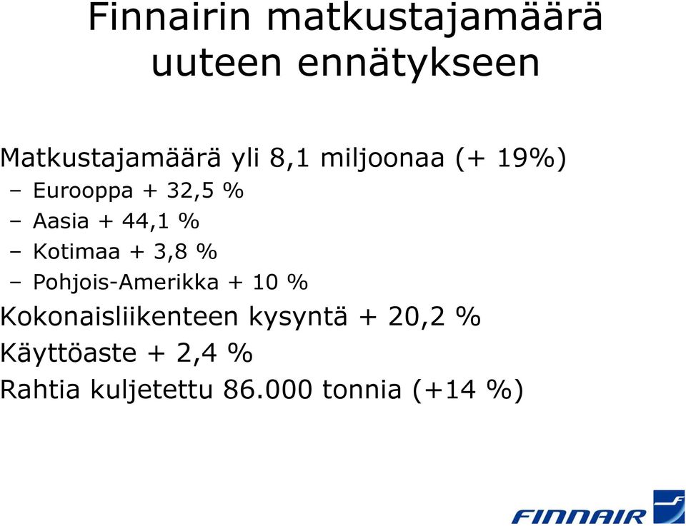 Kotimaa + 3,8 % Pohjois-Amerikka + 10 % Kokonaisliikenteen