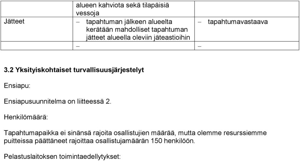 2 Yksityiskohtaiset turvallisuusjärjestelyt Ensiapu: Ensiapusuunnitelma on liitteessä 2.