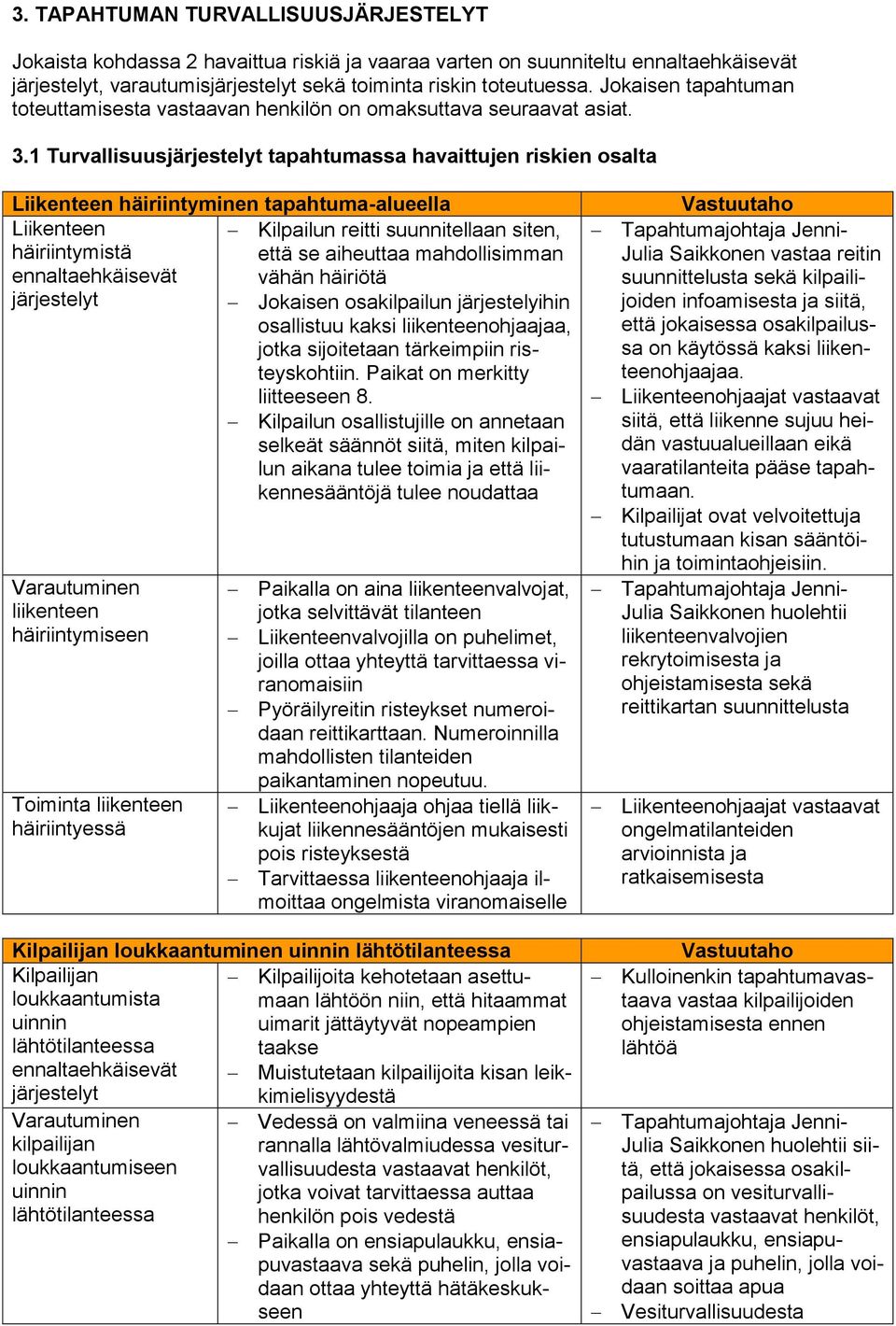 1 Turvallisuusjärjestelyt tapahtumassa havaittujen riskien osalta Liikenteen häiriintyminen tapahtuma-alueella Liikenteen Kilpailun reitti suunnitellaan siten, häiriintymistä että se aiheuttaa