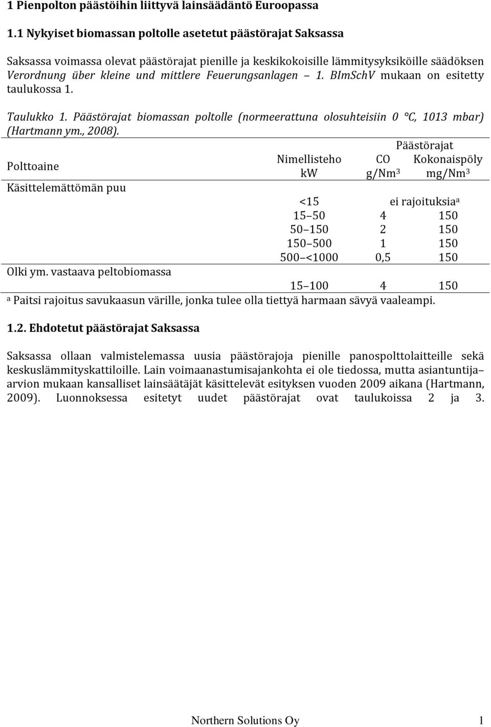 Feuerungsanlagen 1. BImSchV mukaan on esitetty taulukossa 1. Taulukko 1. Päästörajat biomassan poltolle (normeerattuna olosuhteisiin 0 C, 1013 mbar) (Hartmann ym., 2008).