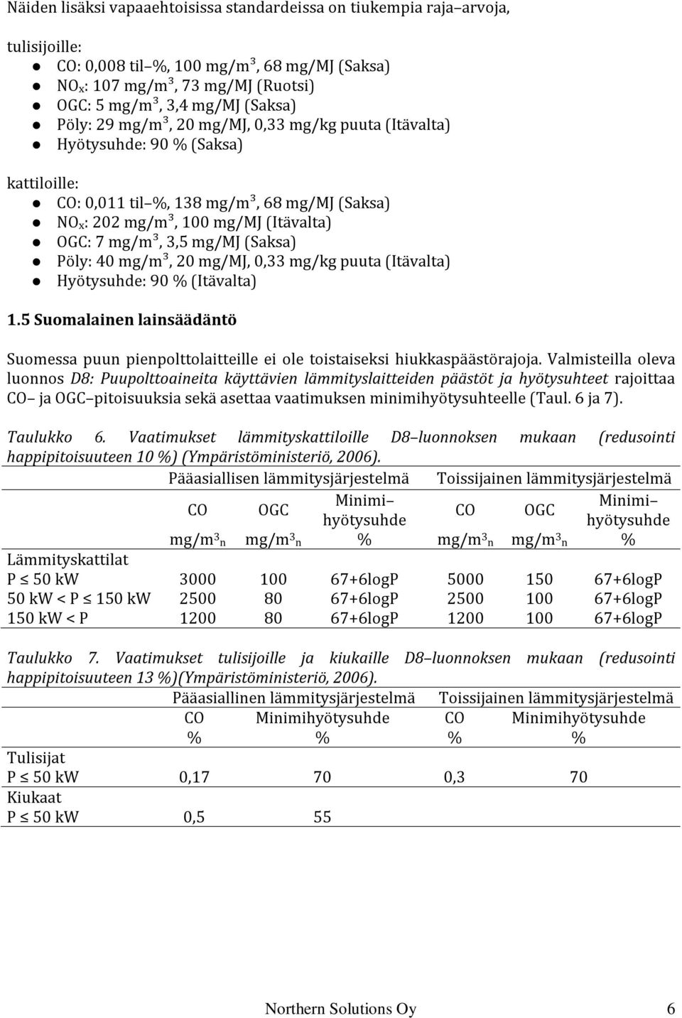 (Saksa) Pöly: 40 mg/m³, 20 mg/mj, 0,33 mg/kg puuta (Itävalta) Hyötysuhde: 90 % (Itävalta) 1.5 Suomalainen lainsäädäntö Suomessa puun pienpolttolaitteille ei ole toistaiseksi hiukkaspäästörajoja.