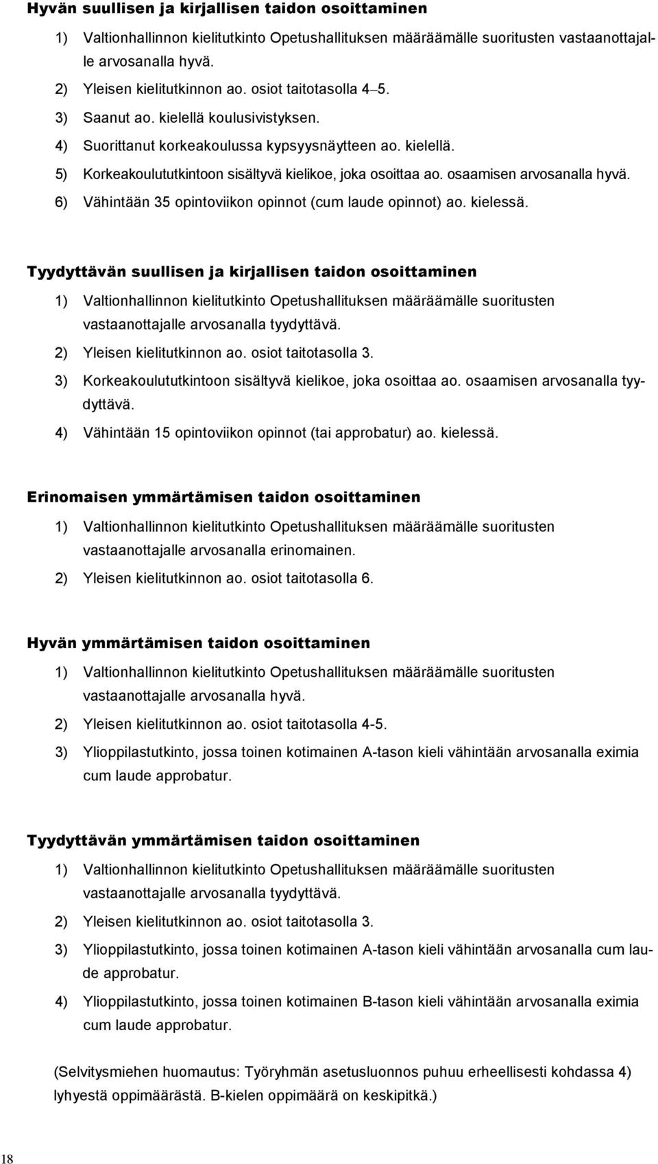 osaamisen arvosanalla hyvä. 6) Vähintään 35 opintoviikon opinnot (cum laude opinnot) ao. kielessä.