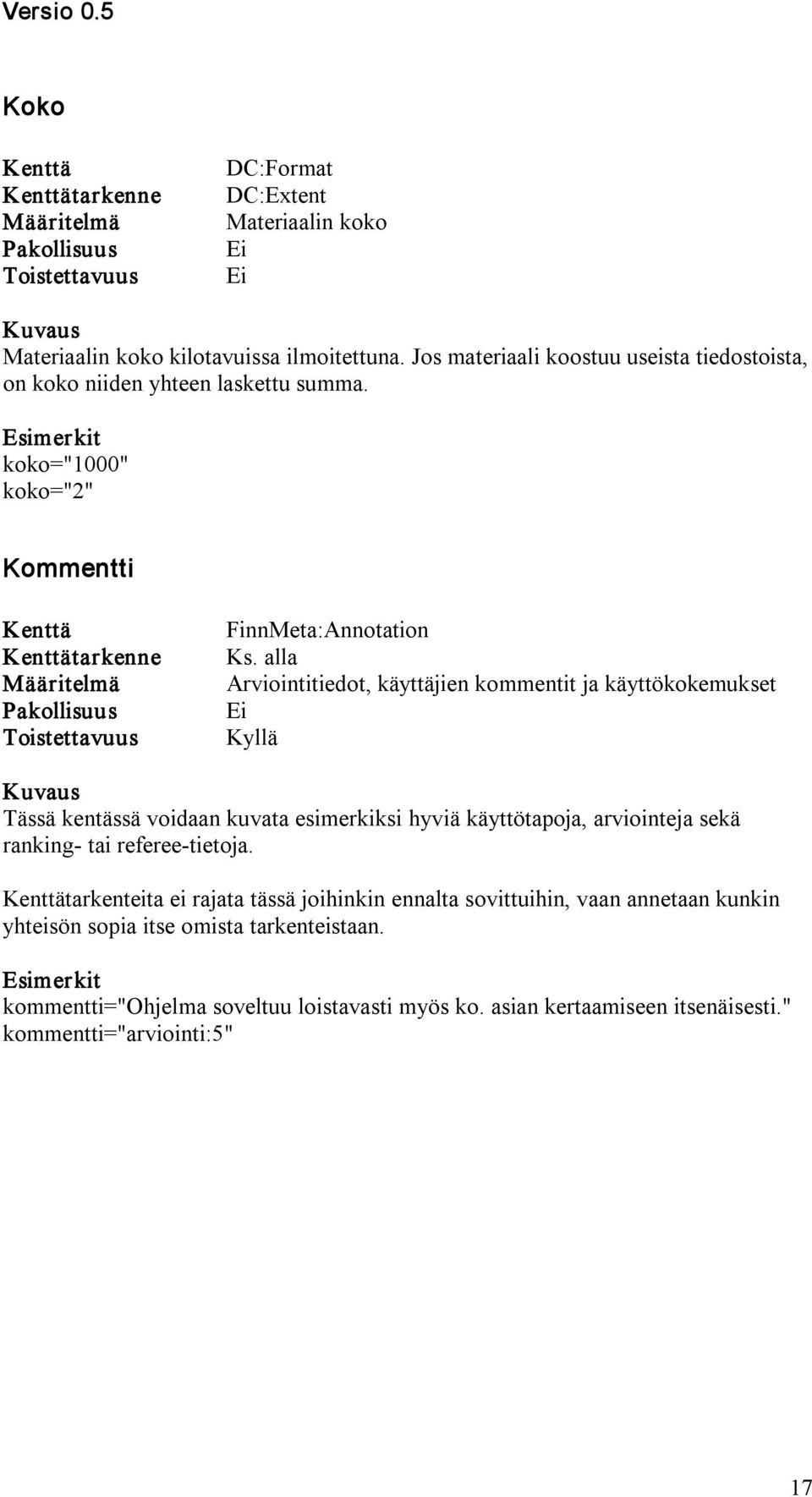 alla Arviointitiedot, käyttäjien kommentit ja käyttökokemukset Tässä kentässä voidaan kuvata esimerkiksi hyviä käyttötapoja, arviointeja sekä ranking tai referee