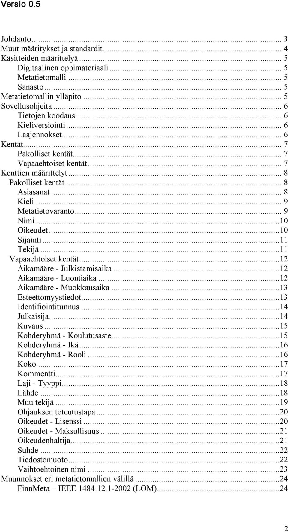 .. 9 Metatietovaranto... 9 Nimi...10 Oikeudet...10 Sijainti...11 Tekijä...11 Vapaaehtoiset kentät...12 Aikamääre Julkistamisaika...12 Aikamääre Luontiaika...12 Aikamääre Muokkausaika.