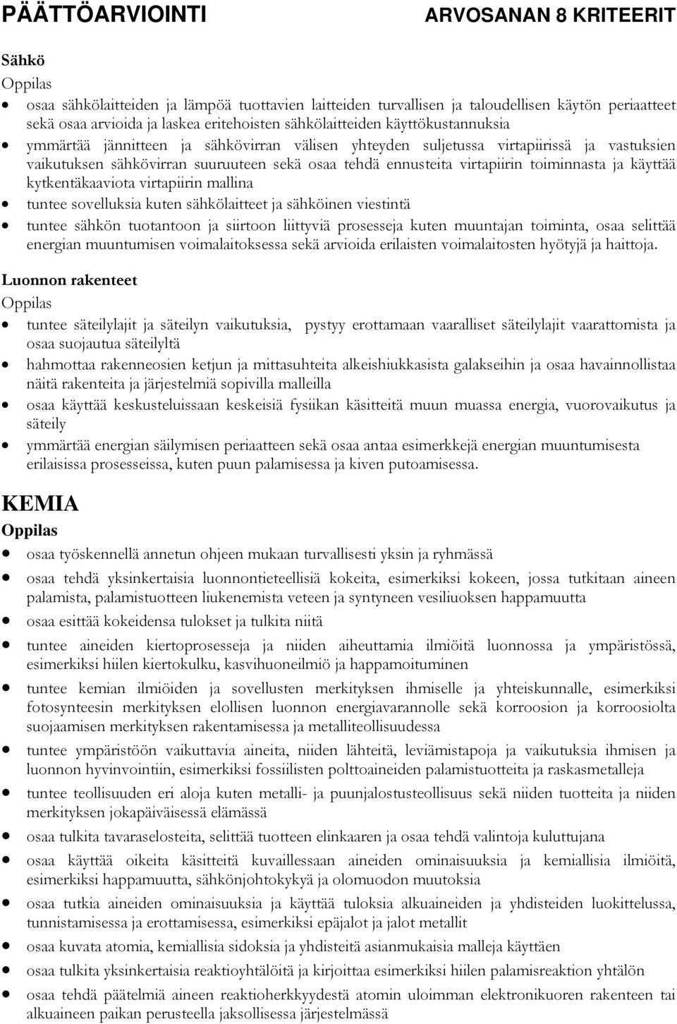 virtapiirin mallina tuntee sovelluksia kuten sähkölaitteet ja sähköinen viestintä tuntee sähkön tuotantoon ja siirtoon liittyviä prosesseja kuten muuntajan toiminta, osaa selittää energian