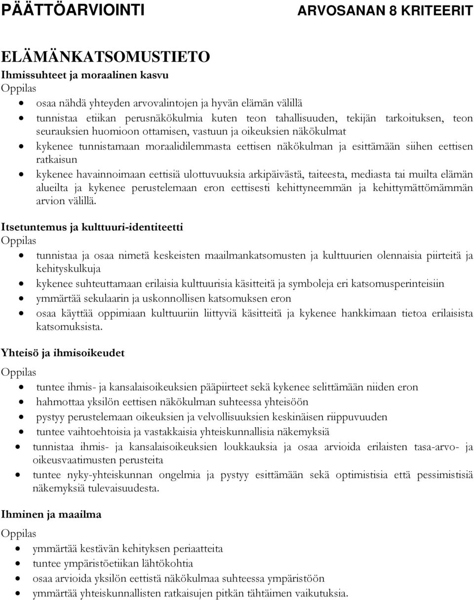 ulottuvuuksia arkipäivästä, taiteesta, mediasta tai muilta elämän alueilta ja kykenee perustelemaan eron eettisesti kehittyneemmän ja kehittymättömämmän arvion välillä.