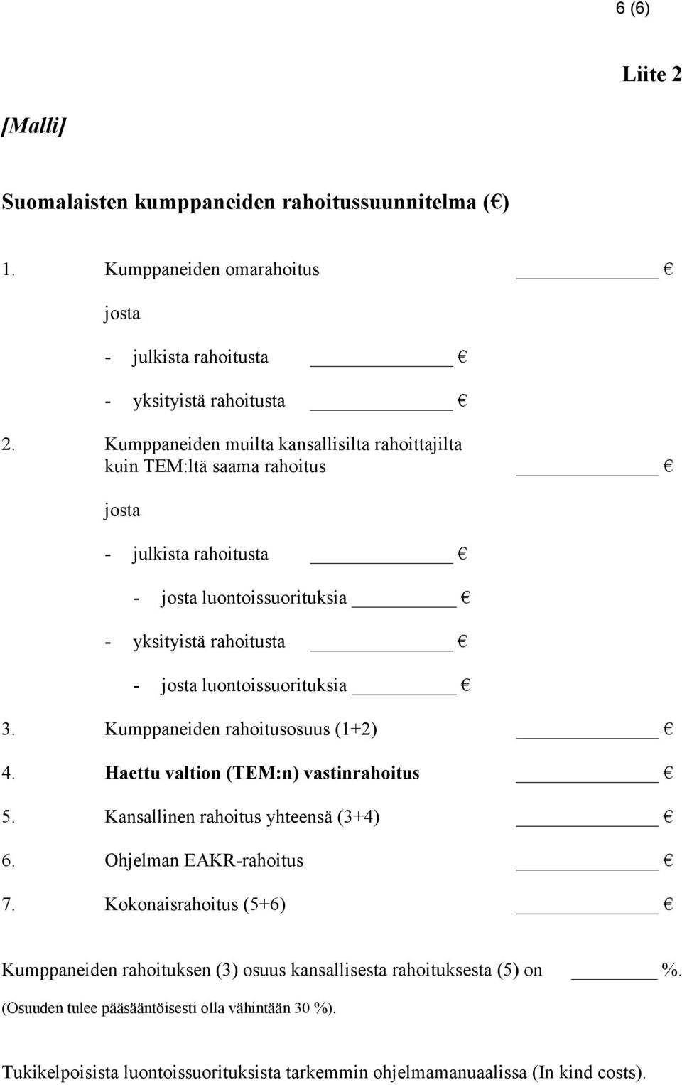 luontoissuorituksia 3. Kumppaneiden rahoitusosuus (1+2) 4. Haettu valtion (TEM:n) vastinrahoitus 5. Kansallinen rahoitus yhteensä (3+4) 6. Ohjelman EAKR-rahoitus 7.
